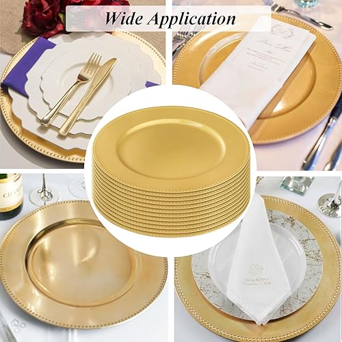Miniatura 9 de Okllen Paquete de 12 platos de carga dorados de plástico, cargadores decorativos de 13 pulgadas con cuentas redondas para bodas, eventos de