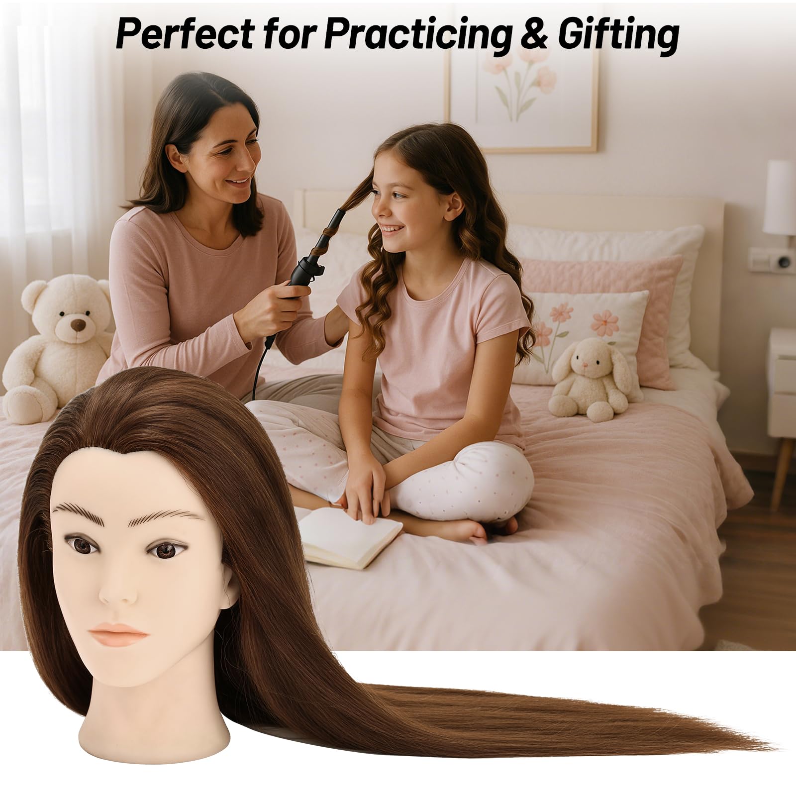 Frisierkopf, Frisierkopf mit 90 % Echthaar, 61 cm, Puppenkopf für Haarstyling, Kosmetologie und Training, Stylingkopf mit Tischklemmenhalter, Braun