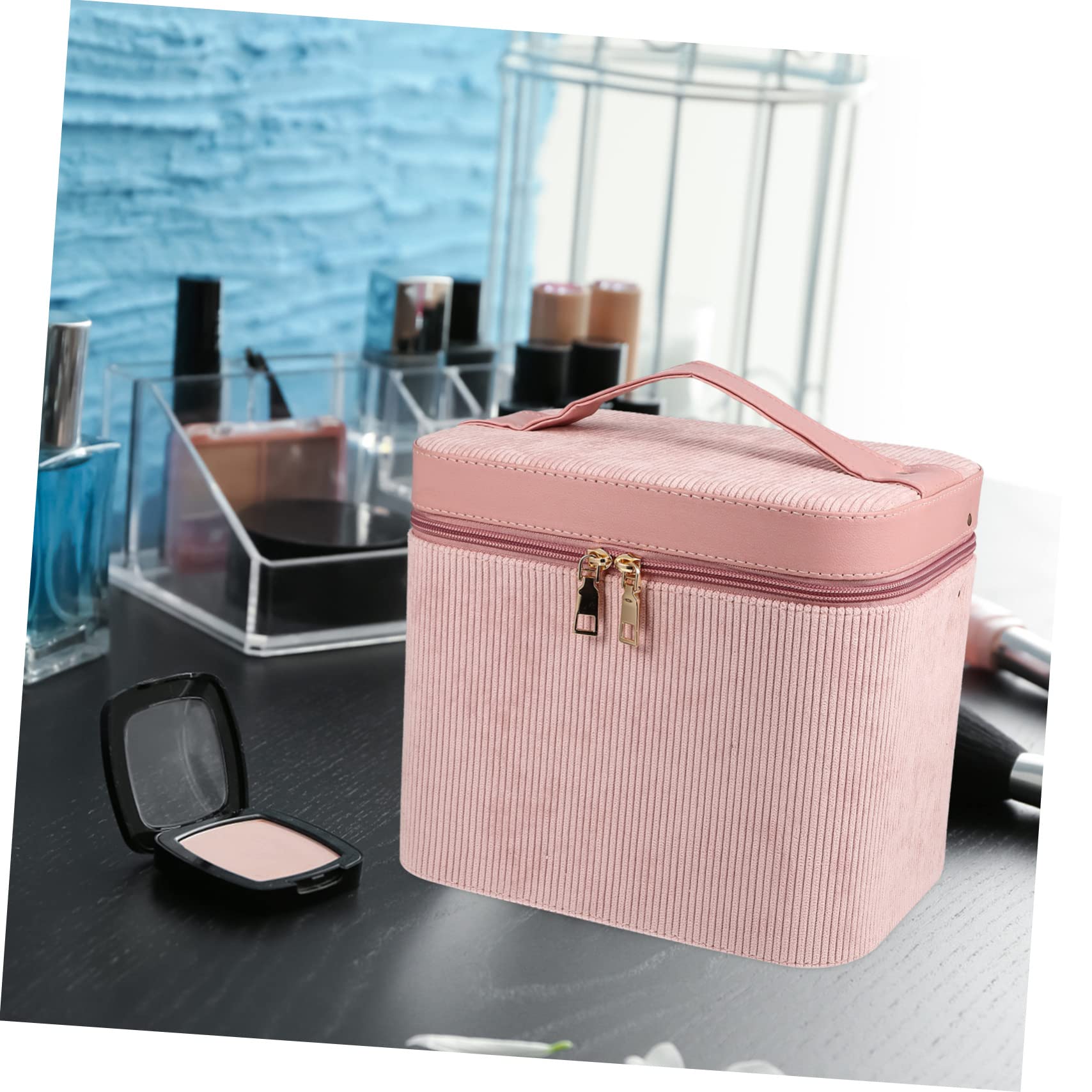Makeup Aufbewahrungsbox mit Spiegel Zweilagig aus Corduroy Große Kapazität Handlich und Modisch für Damen für Reisen und Persönlichen Gebrauch
