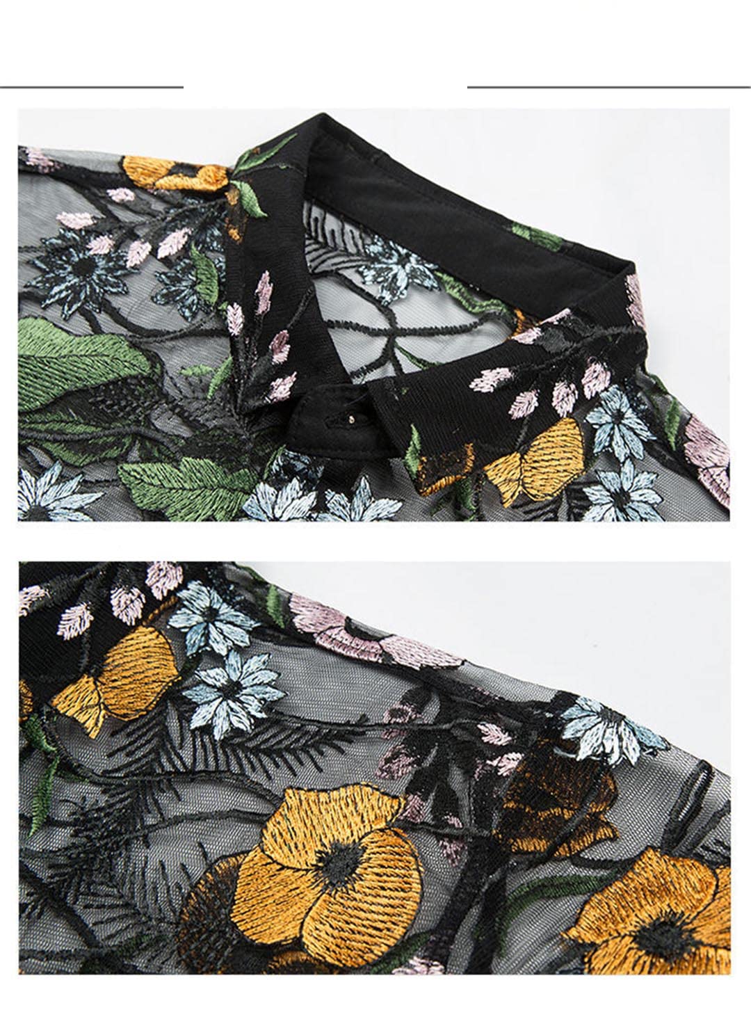 Deepsko Herren Transparent Hemd Sommer Hohlnetz Blumen Stickerei Spitze Kurzarm Oberteil