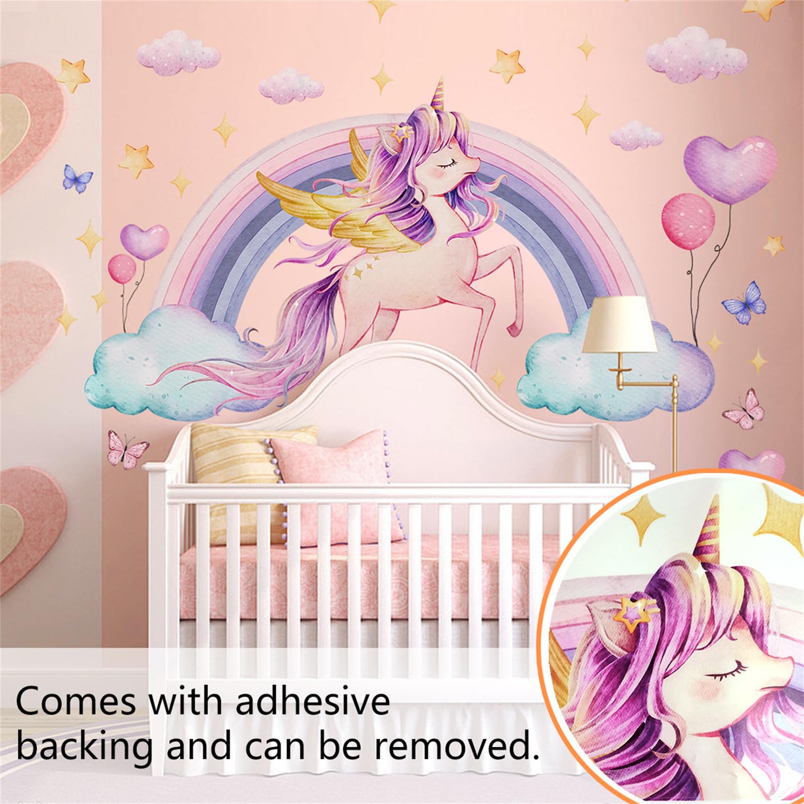 Unicorn Wall Stickers for Girls Bedroom, Peel and Stick Rainbow Unicorn Wall Decals with Hearts & Stars - Image 4