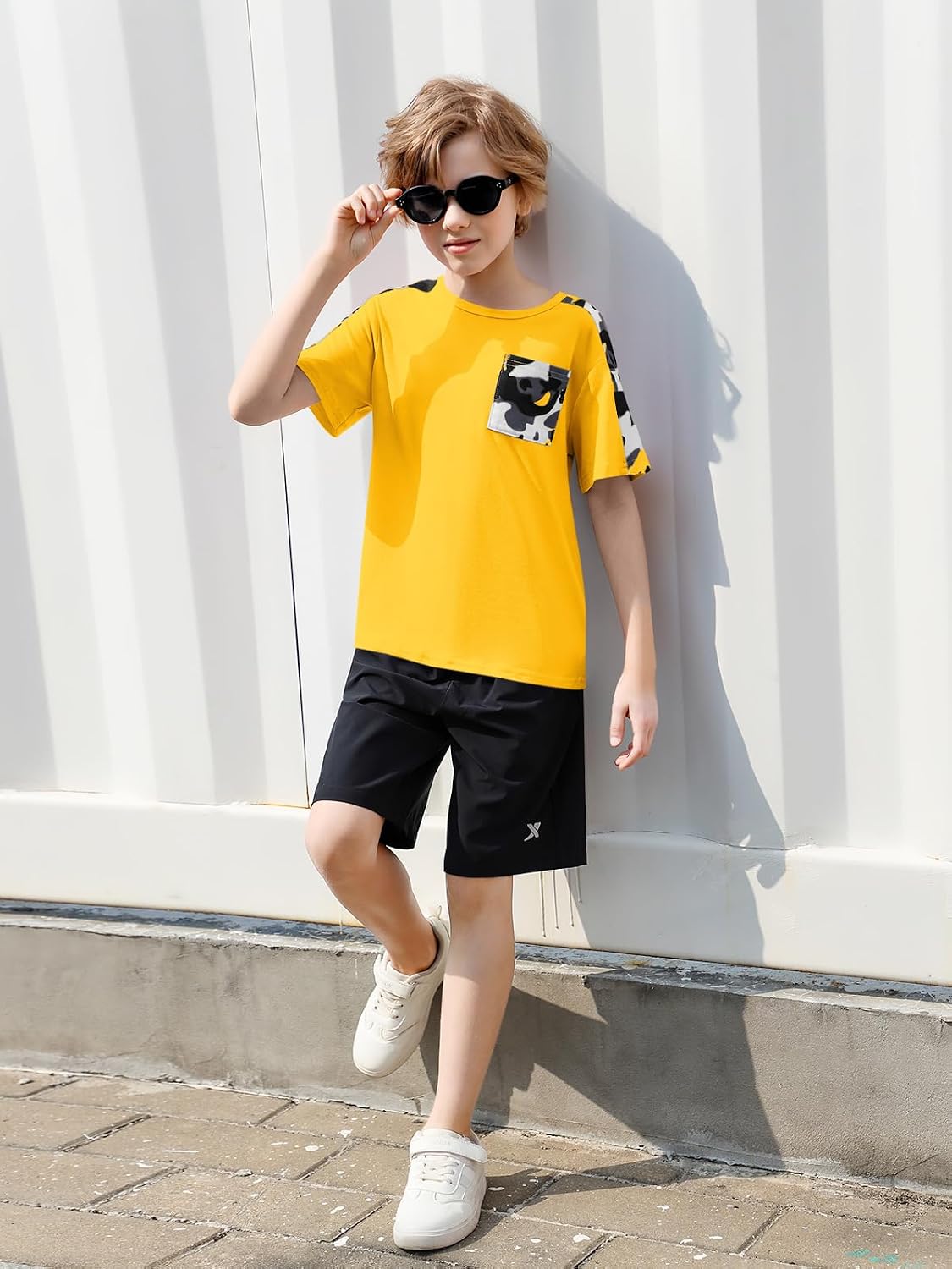 Haloumoning Boys Short Sleeve Shirts Kids Summer Camouflage Colorblock T-Shirts Casual Tops Tees with Pocket 5-14 Years