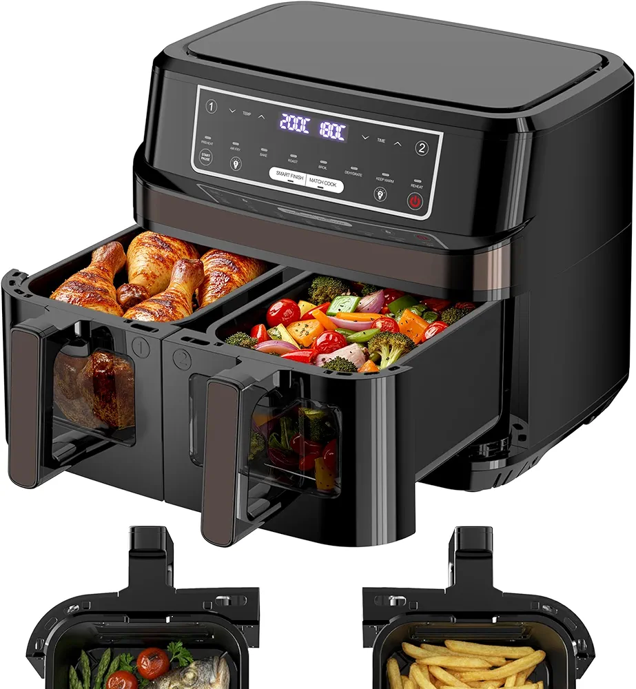 Air Fryer Double Compartiment | 10L Friteuse à Air Chaud Fenetre Visible Contrôle Individuel Température, 8-en-1 Friteuse Sans Huile Commande Tactile max 200℃,Friteuse Airfryer 2600W Éclairage Intégré