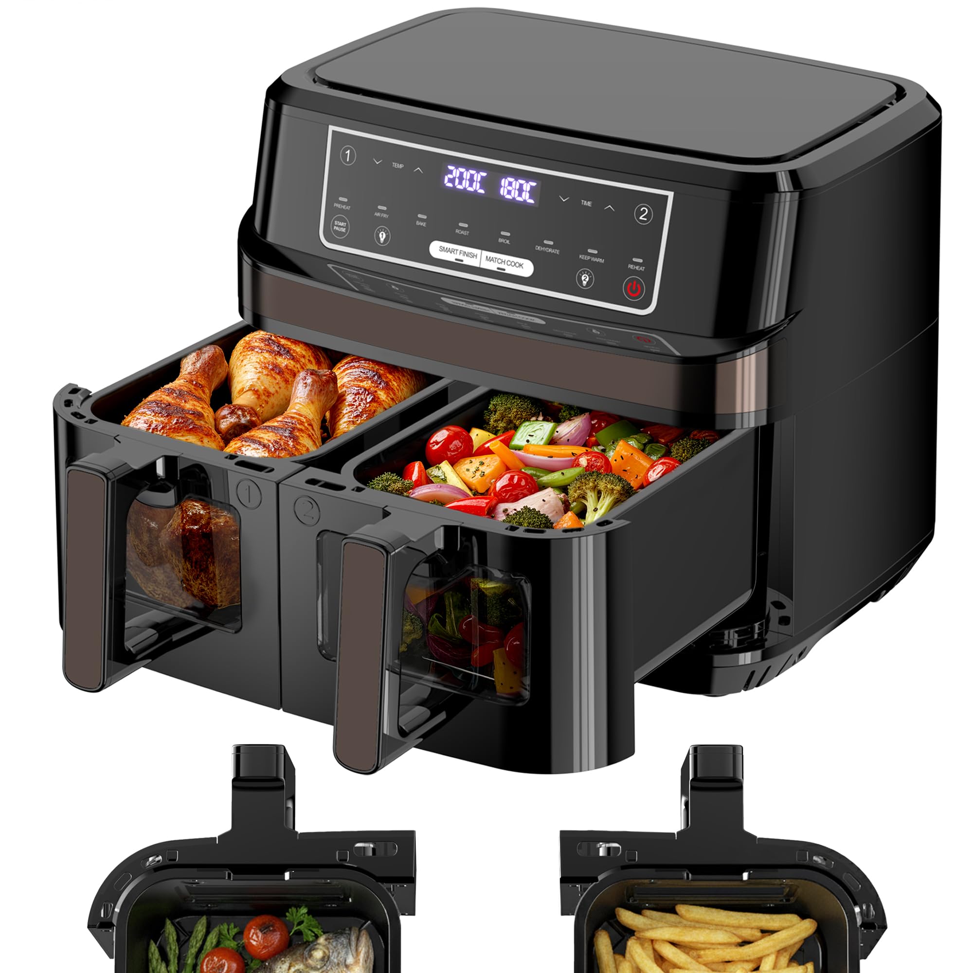 Heißluftfritteuse 2 Kammern | 10L Airfryer mit Sichtfenster Zweizonen Temperatur Separat Regeln, 8-in-1 Heissluftfritteuse Doppelkammer Touch-Steuerung Bis 200℃, Air Fryer 2600W Eingebaute Beleuchtung
