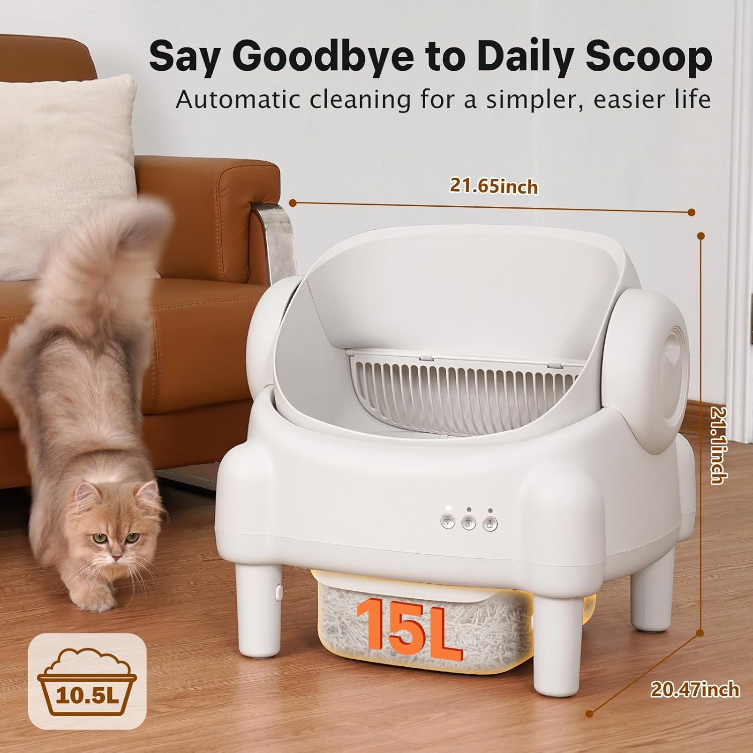Self Cleaning Litter Box,Open Top Automatic Litter Box with App Control for Multiple Cats, Safety Sensors Protection, Odor Control Includes 2 roll Liners,Large Waste Bin, Cream White thumbnail