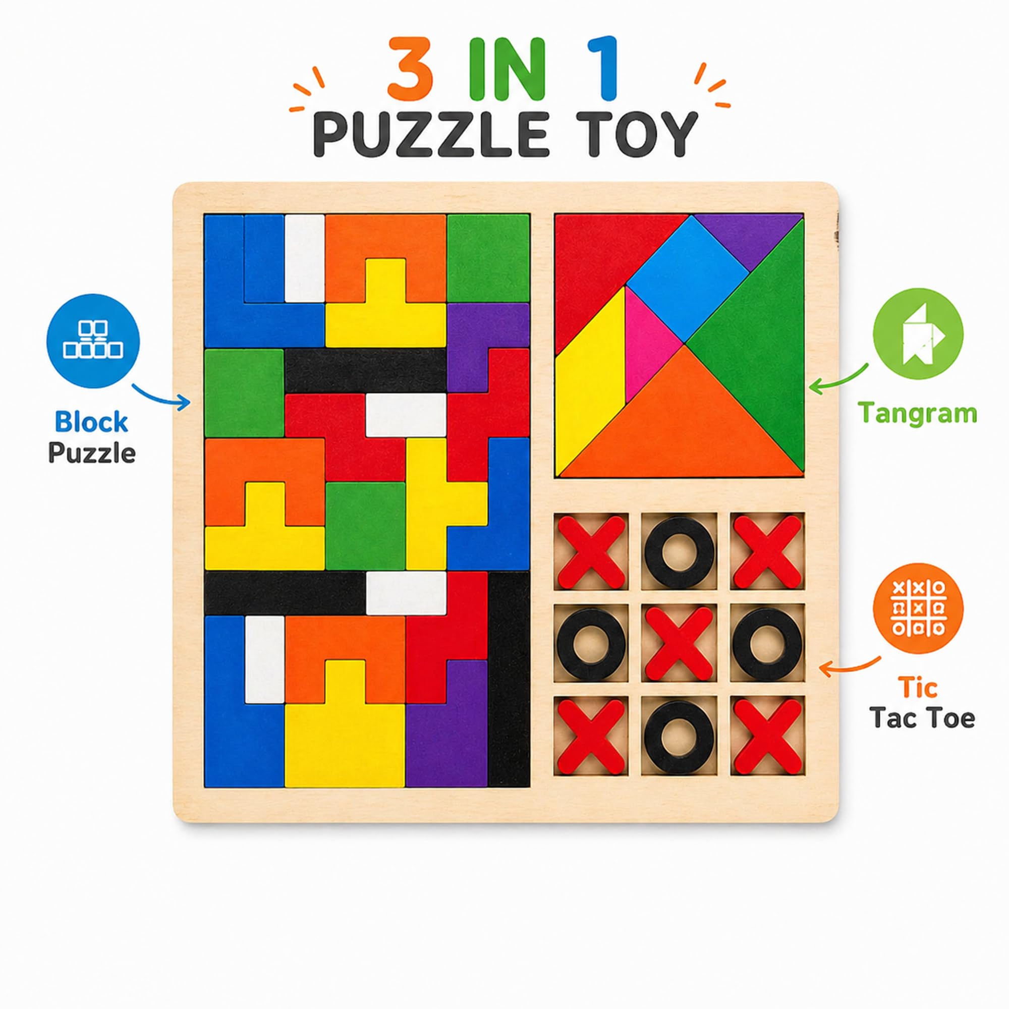 Wudly 3in1 Wooden Puzzle Toy for Kids Tetris Tangram Tic Tac Toe Board Montessori Educational Brain Development Toys for 3–7 Years Logic & IQ Game Birthday Gift for Boys Girls Learning Toy
