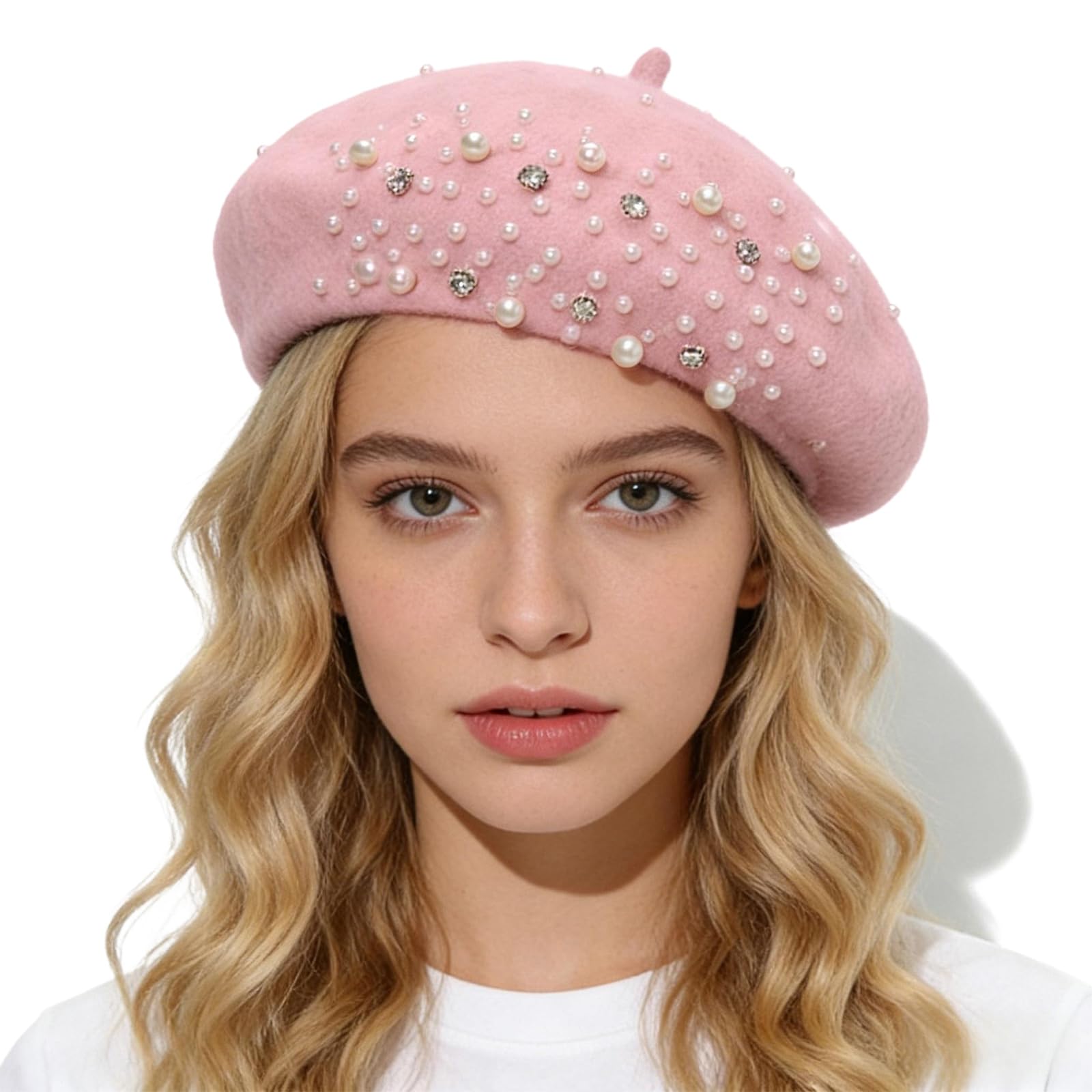 PURFANREE Women Girls Beaded Pearl Rhinestone Wool French Beret Hat Winter Artist Painter Hats Beanie Cap, Pink, One Size