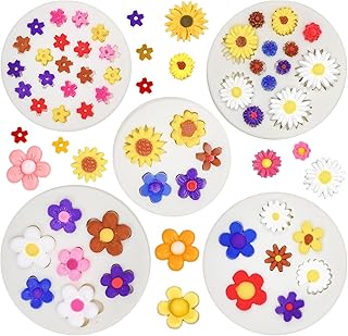 5Pcs Flower Silicone Mold, Mini Flower Fondant Chocolate Silicone Molds for Baking Leaf Mold for Cake Decorating Clay Crafting Candy Soap Ice Cube Wax Melt (Round)