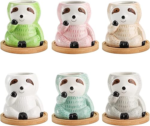 Miniatura 3 de Okllen Paquete de 6 macetas de perezoso con bandeja de bambú, maceta pequeña de cerámica para suculentas, macetas de animales, macetas de cactus,