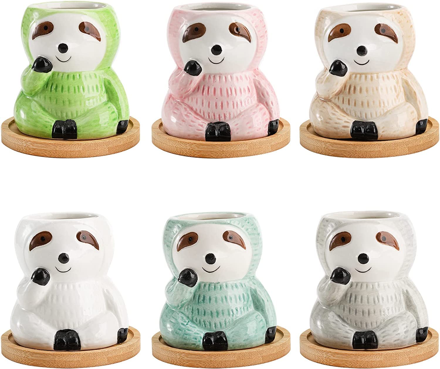 Okllen Confezione da 6 fioriere a forma di bradipo con vassoio in bambù, piccole fioriere in ceramica per piante grasse, graziosi vasi per animali, cactus, bradipo, regali per piante aeree, amanti
