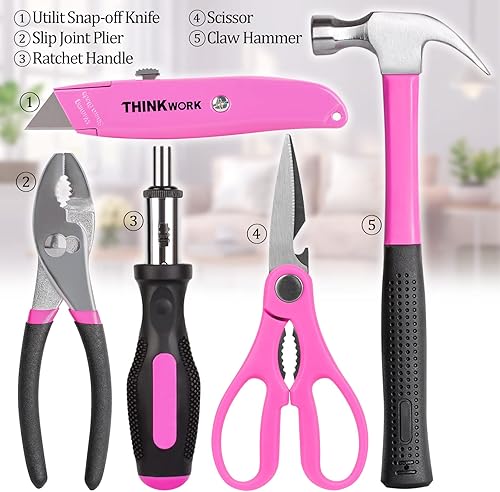 Vista 14 de THINKWORK Juego de herramientas rosa de 122 piezas con destornillador eléctrico giratorio de 3.6 V, kit de herramientas para el hogar para mujeres
