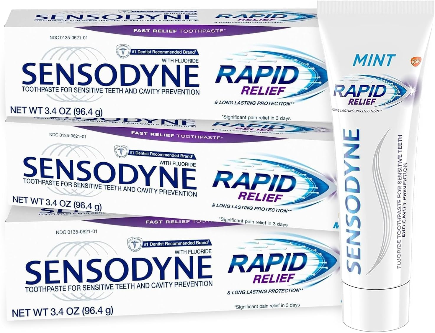 SensodyneRapid Relief Toothpaste for Sensitive Teeth, Mint with Fluoride, Adult Sensitive Toothpaste for Painful Teeth and Gums, Long Lasting Protection, 3.4 oz (Pack of 3)