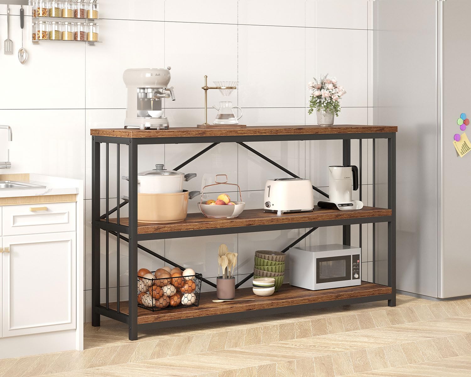 IBF Regal mit 3 Ebenen 120 cm Breit Bücherregal Holz und Metall Vintagebraun Offenes Standregal Industrielles Würfelregal Bücherschrank für Wohnzimmer Schlafzimmer Büro Küche 34 x 120 x 74 cm