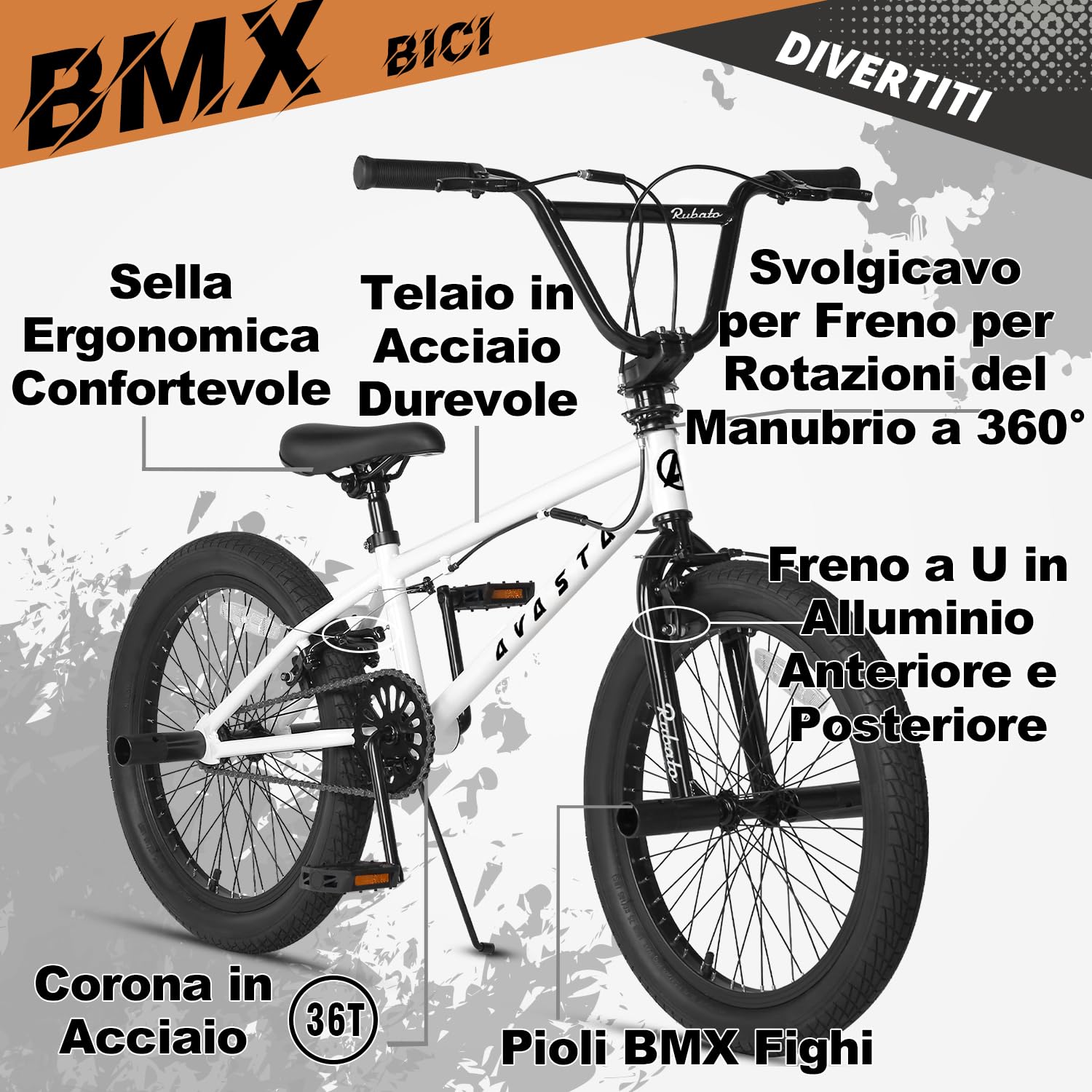 AVASTA Bicicletta BMX per Bambini Freestyle da 20 Pollici per età 6 7 8 9 10 11 12 13 14 Anni Ragazzi Ragazze Adolescenti e Junior Riders con 4 Picchetti, Rotori a 360 Gradi, Bianco