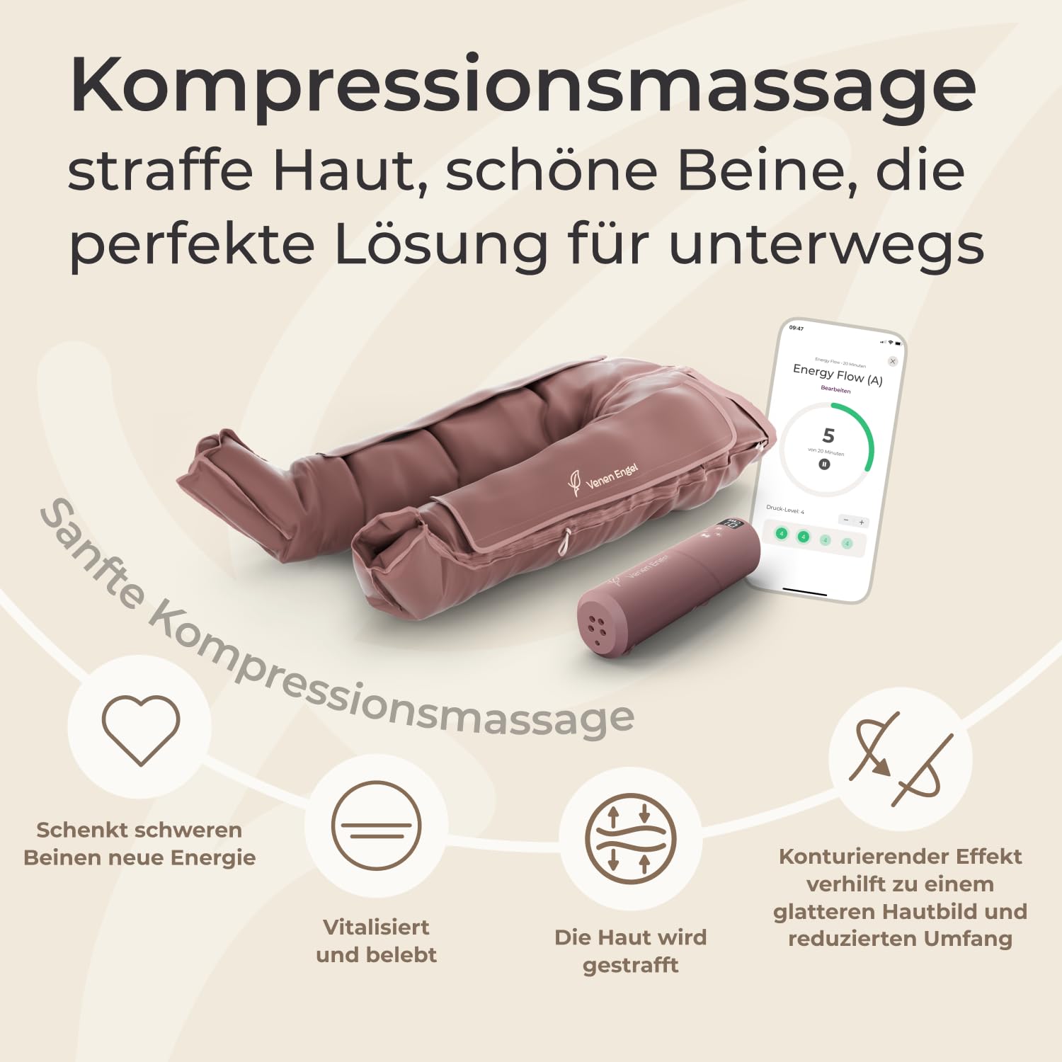 Venen Engel Plus – Premium Kompressionsmassagegerät mit Lymph-Flow Pants | 3 Beauty-Programme | Luftdruck-Beinmassage von Fuß bis Bauch für bessere Durchblutung, Hautstraffung & leichteres Gefühl