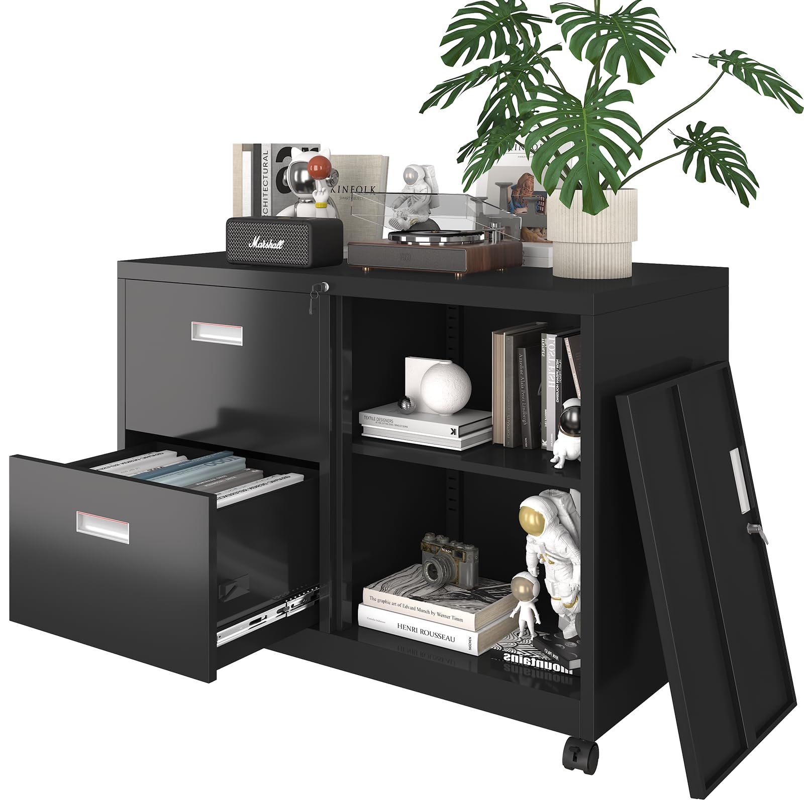Metal File Cabinet Printer Stand with 2 Lockable Full Extension Drawers and 1 Lockable Door, Adjustable Shelf, for Home Office and Study Room Organizer Letters/Legal/A4,Black