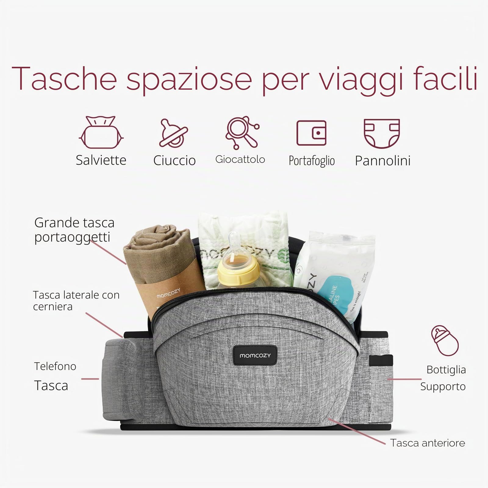 Momcozy Hip Seat - Marsupio porta bebè regolabile con protezione originale 3D per la pancia e tavola massaggiante in EVA, marsupio ergonomico con varie tasche per neonati e bambini fino a 20,4 kg