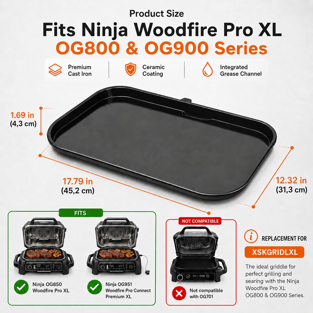 GRISUN Piastra in ghisa con rivestimento in ceramica per Ninja Woodfire Pro XL, serie OG800 e OG900, piastra piatta per esterni, piastra per piastra