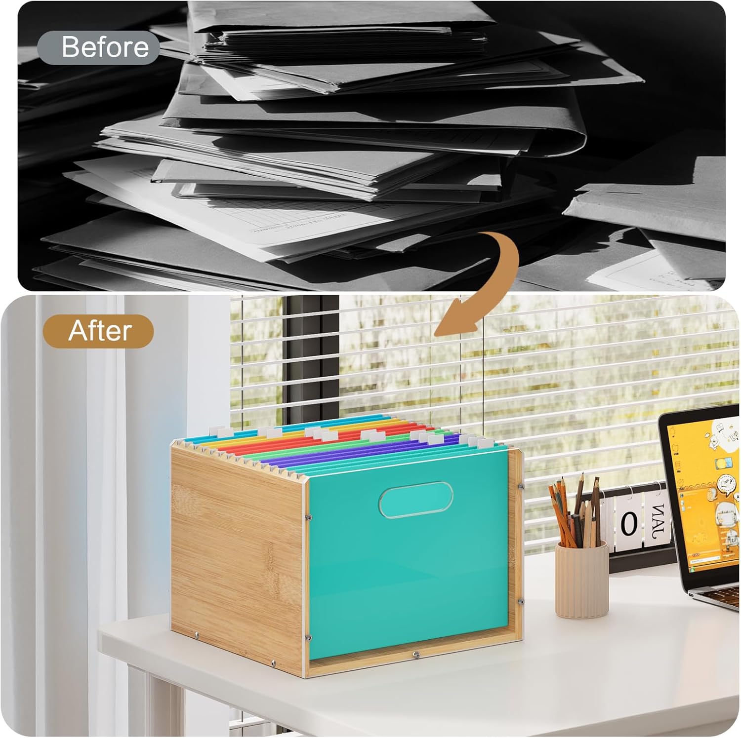 Sbanmao Hanging File Organizer, Clear Acrylic File Box Organizer, Bamboo Filing Box File Crate Organizer Storage Boxes, Portable Filing Folder with Handle for Letter Size