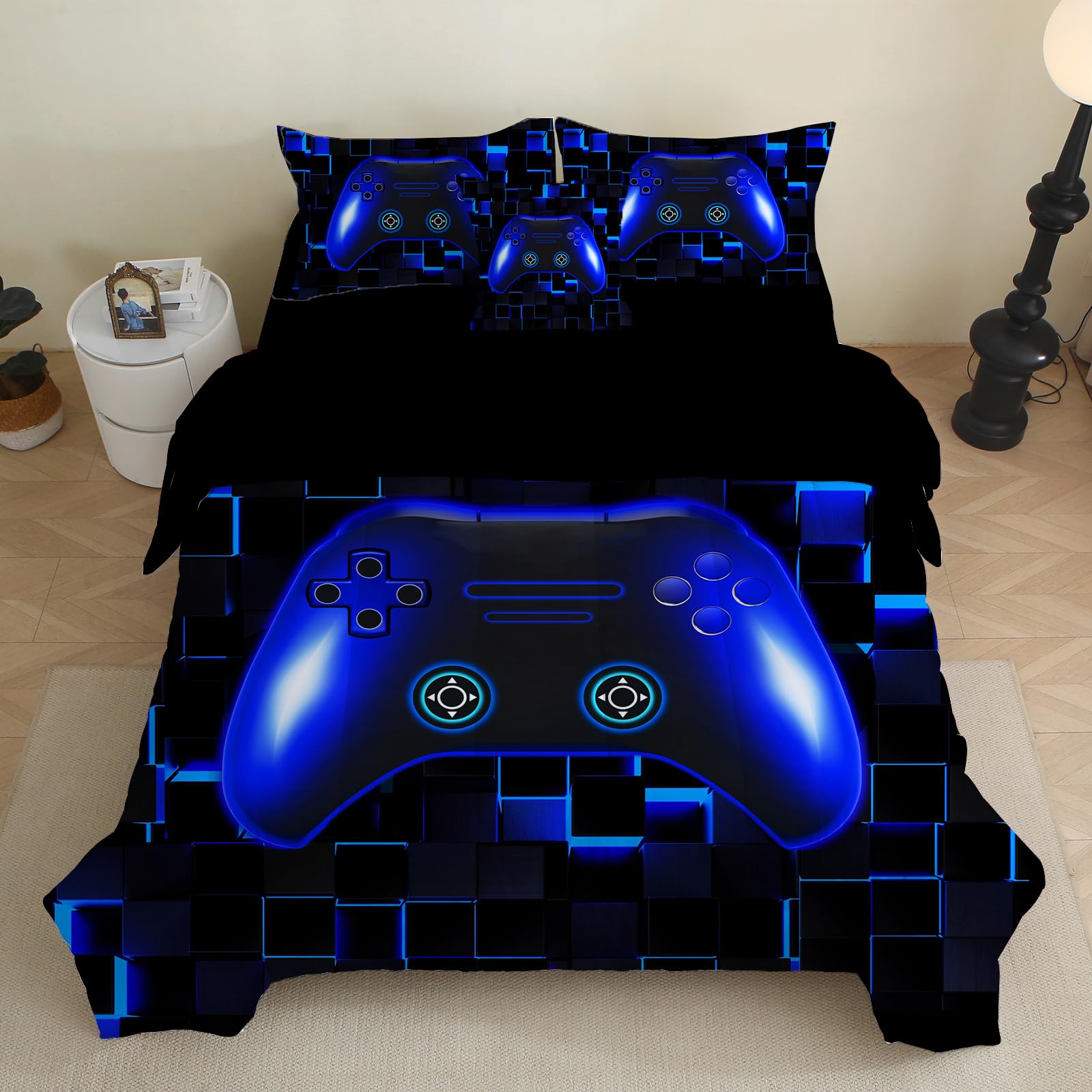PALENVILI Boys Gamer Comforter Set 6 Pieces Twin Size Gaming Bedding Set with Sheets Video Game Console Bed in a Bag for Kids Girls Teens (Blue, Twin)