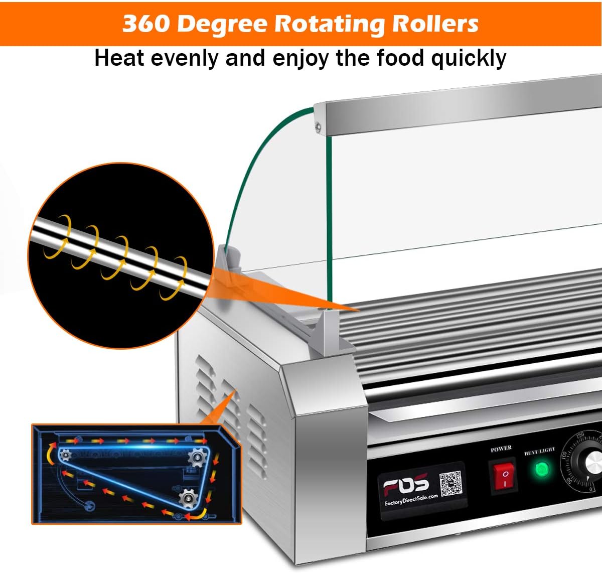 Safstar Commercial 18 Hot Dog 7 Non-Stick Roller Machine, Electric Hot Dog Sausage Grill Cooker Machine with Removable Stainless Steel Drip Tray & Glass Hood Cover, Countertop Hot Dog Roller Warmer