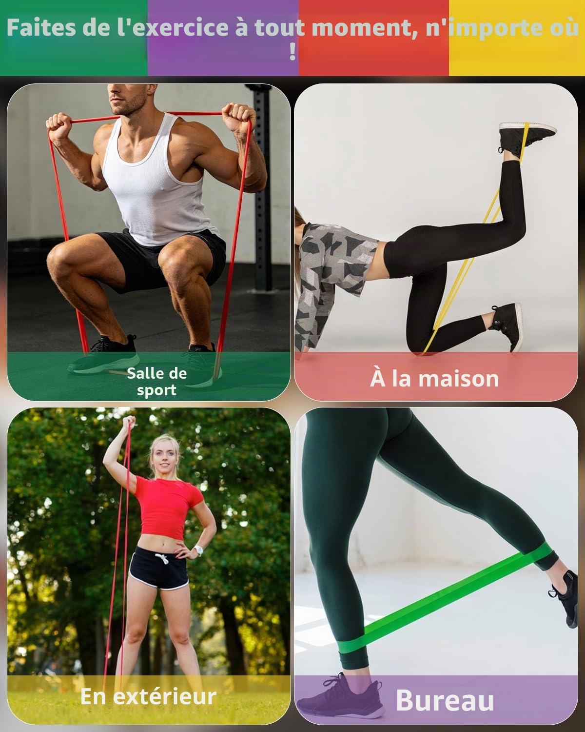 Bandes de fitness avec 5 niveaux, bandes de résistance avec ancrage de porte, bande élastique de fitness avec 5 niveaux de résistance, bande de gymnastique pour musculation, pilates, yoga