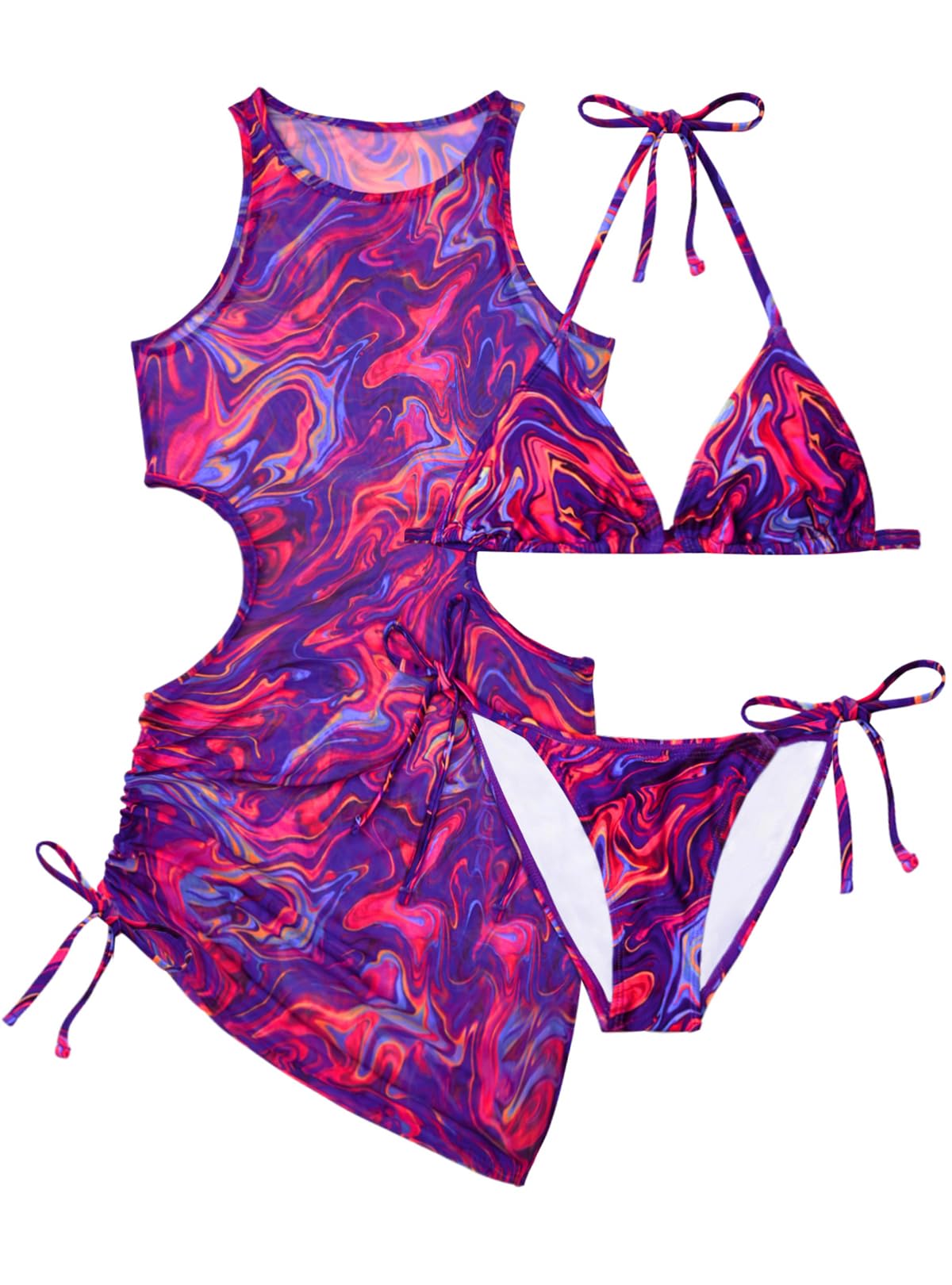 3 Piece Swimsuits Mesh Coverup Bathing Suits Sexy Triangle Bikini Sets