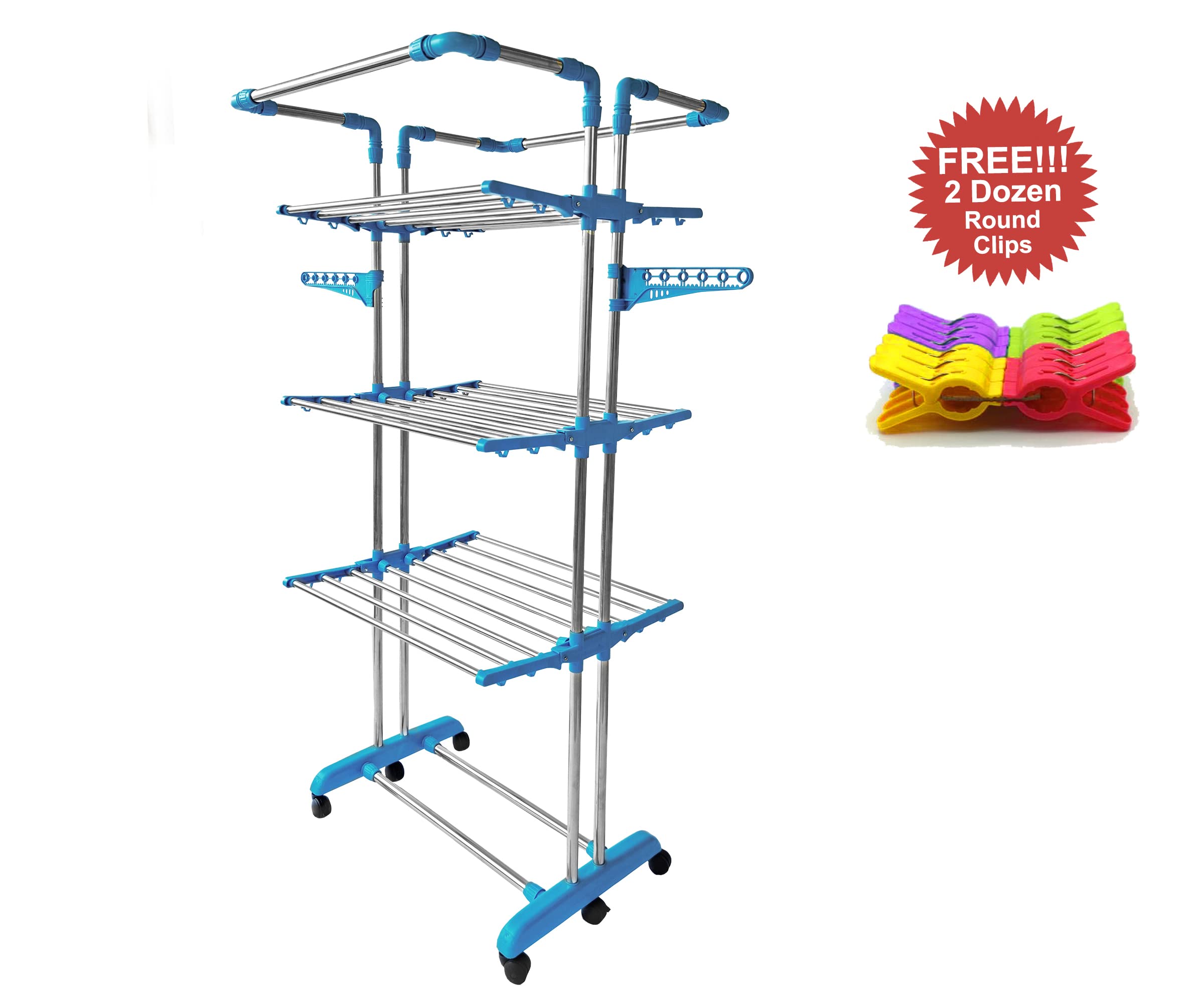 Rainbow Drywell Heavy Duty 2 Pole Jumbo Stainless Steel Foldable Cloth Drying Stand, Rust-Free Clothes Dryer/Cloth Stand/Laundry Racks/Clothes Hanger for Indoor/Outdoor/Balcony+2 Dozen Clips Free