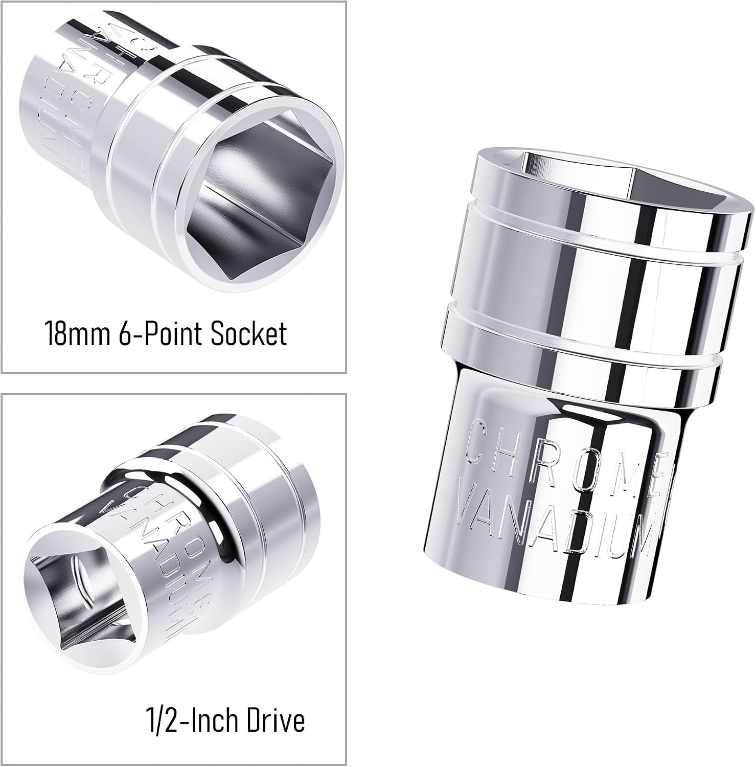 18mm Shallow Socket, 1/2 Inch Drive, 6-Point, Metric, Heat Treated CR-V Steel Short Sockets, Full Polishing, 1.5 Inch Length