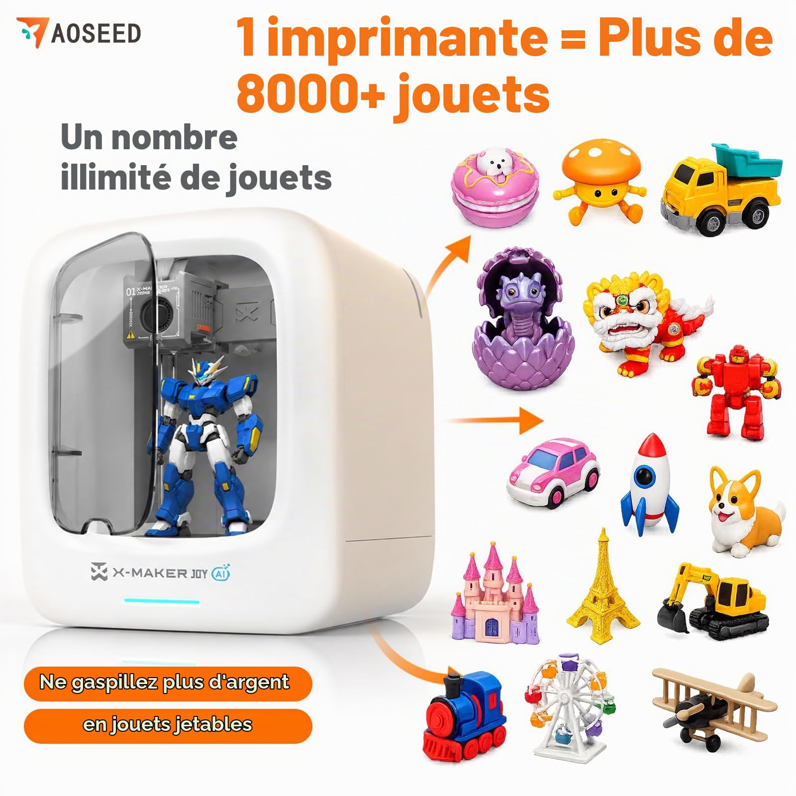 Imprimante 3D Alimentée PLA pour Enfants, Application de Conception AI, Grande Bibliothèque de Jouets, Jusqu’à 400 mm/s, avec 15 Mini Modules 3D, Contrôle App, X-Maker Joy AI+