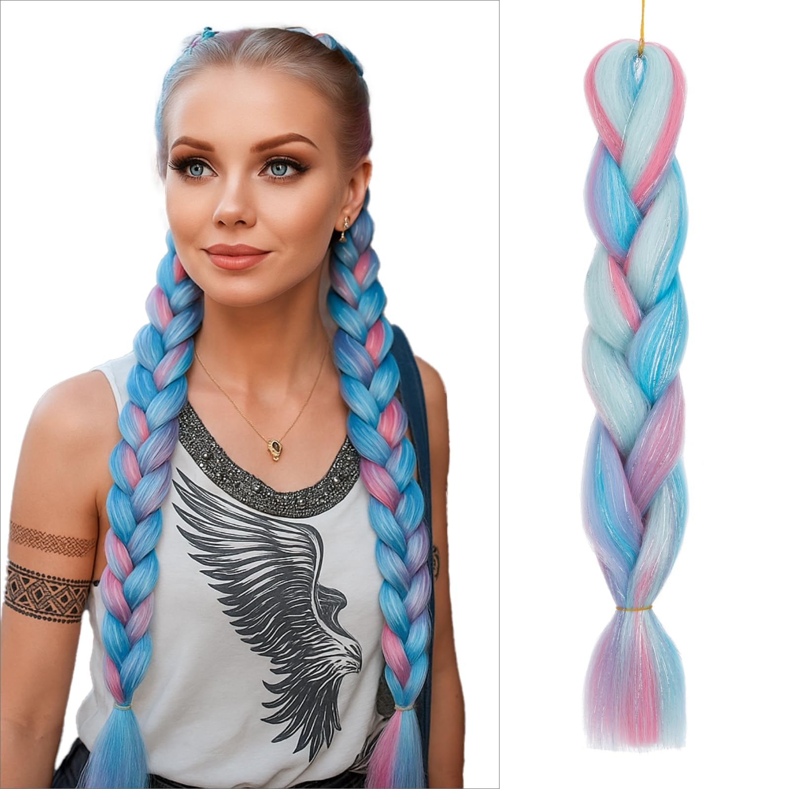 tesshair Braiding Hair Extensions 24 Inch Jumbo Braiding for Twist Braiding Synthetic Fashion Braids Extensions Hair Natural Braid Extensions for Women Grils (Pink mix Sky Blue