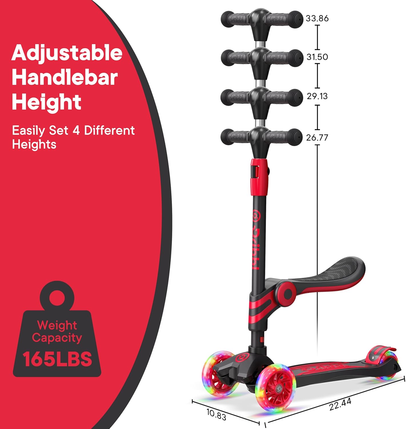 Black and Red 3 Wheel Scooter with Seat for Kids, Light-Up Wheels, Adjustable Lean to Steer Handlebar and Seat, Smooth Wheels, Wide No-Slip Deck, Rear Foot Brake, Toddler Outdoor Toys for Ages 2+