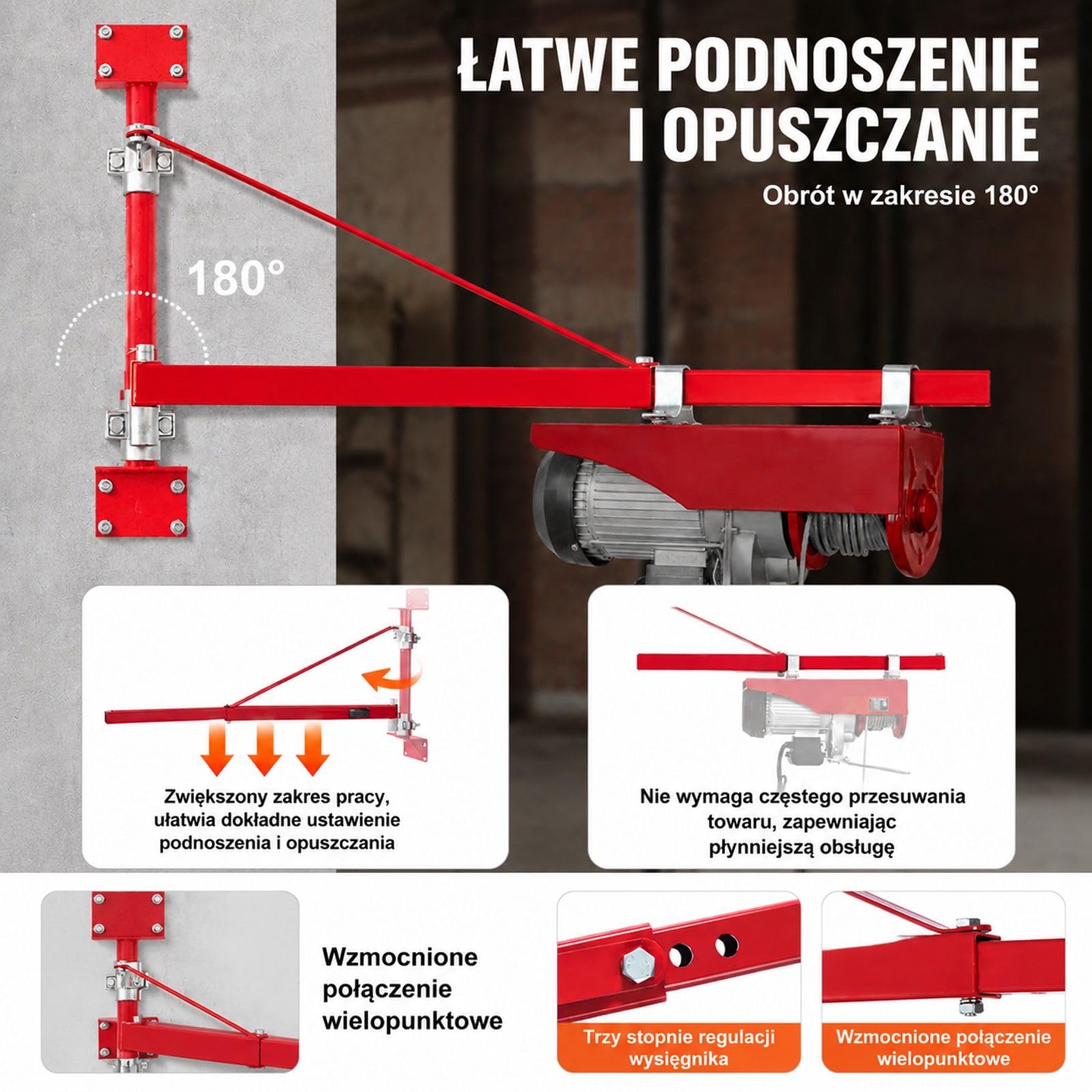 Ramię podporowe do podnośnika elektrycznego ze stali węglowej, udźwig 600 kg, obrót 180°, do warsztatu i garażu