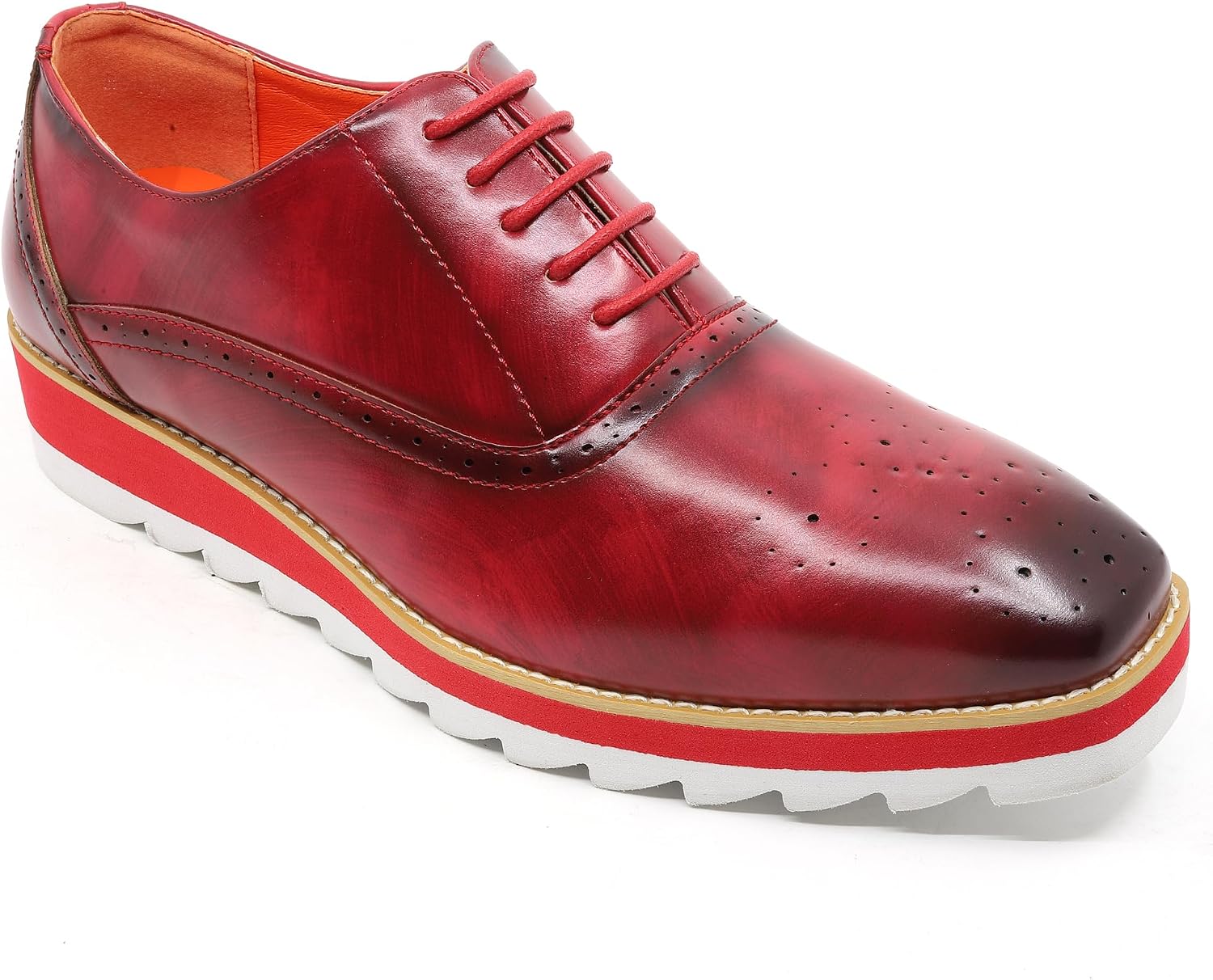 Metrocharm Men's Oxford Lace-Up Platform Brogue Dress Shoes, Perforated Detail, White Sole MC-177