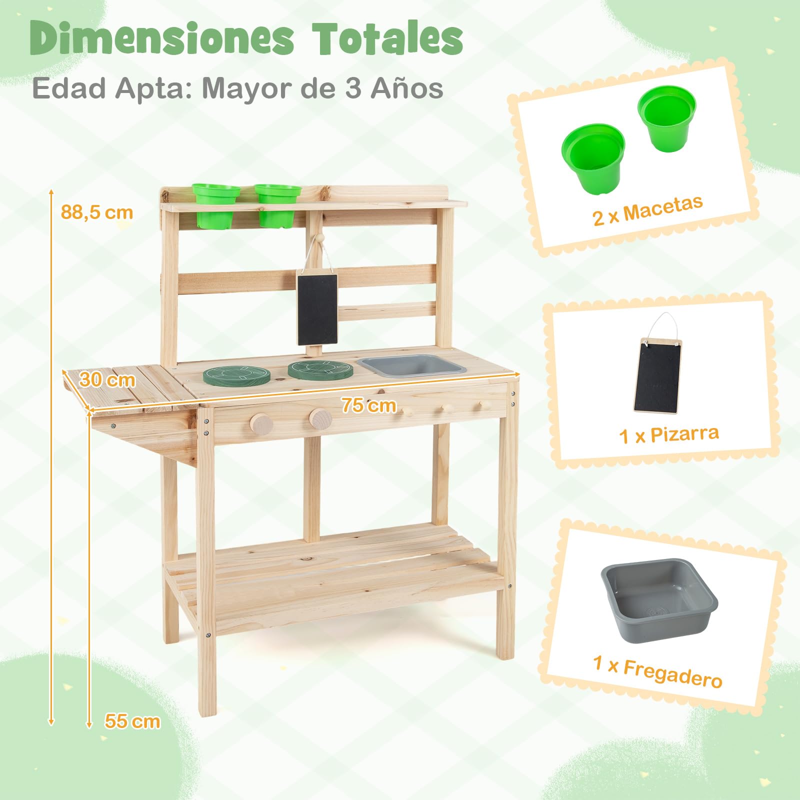 COSTWAY Cocina de Barro para Niños, Cocinita de Madera para Exterior con Fogones, Pomos Giratorios y Pizarra, Macetas, Estantes de Almacenaje, Cocinita Infantil de Barro para Niños de 3+ Años
