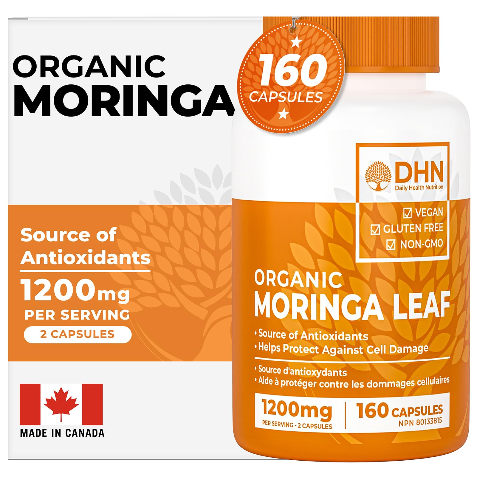 160 Organic Moringa Capsules | 1200mg of Pure Moringa Powder Per Serving (2 x 600mg Vegan Capsules) | Supports Detox, Gut Cleanse, Energy & Digestion | 3rd Party Tested | Canadian Made, Quality Assured | Gluten Free