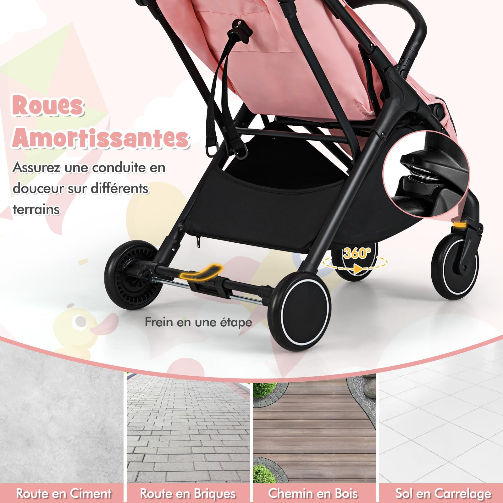 COSTWAY Poussette Canne Bébé 0-3 Ans(Charge 15 kg) avec Dossier & Repose-pieds Réglables, Pliable à une Main, Pousette Légère et Compacte en Aluminium avec Auvent & Frein, Harnais à 5 Points, Rose