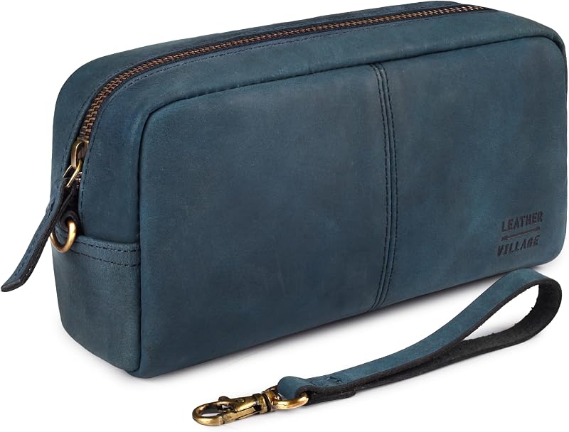 Necessaire compacta de couro LEATHER VILLAGE azul