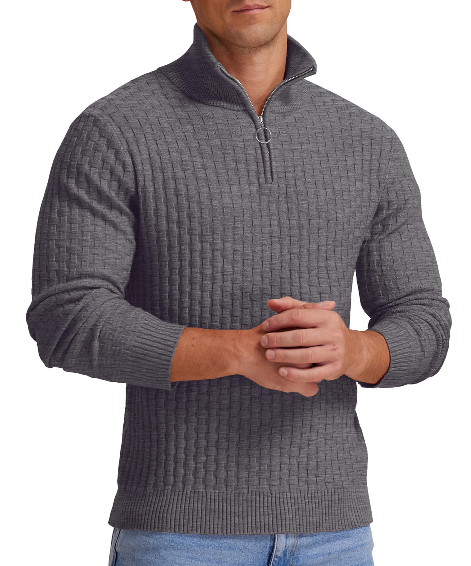 QIXING Herren Viertelzip Waffelstrick Strickpullover Halbhoher Kragen Dicker Winterpulli Casual mit 1/4-Reißverschluss