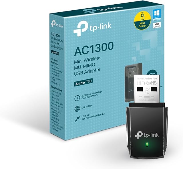 TP-Link AC1300 USB WiFi Adapter(Archer T3U)- 2.4G/5G Dual Band Wireless Network Adapter for PC Desktop, MU-MIMO WiFi Dongle, USB 3.0, Supports Windows 11, 10, 8.1, 8, 7, XP/Mac OS X 10.9-10.14