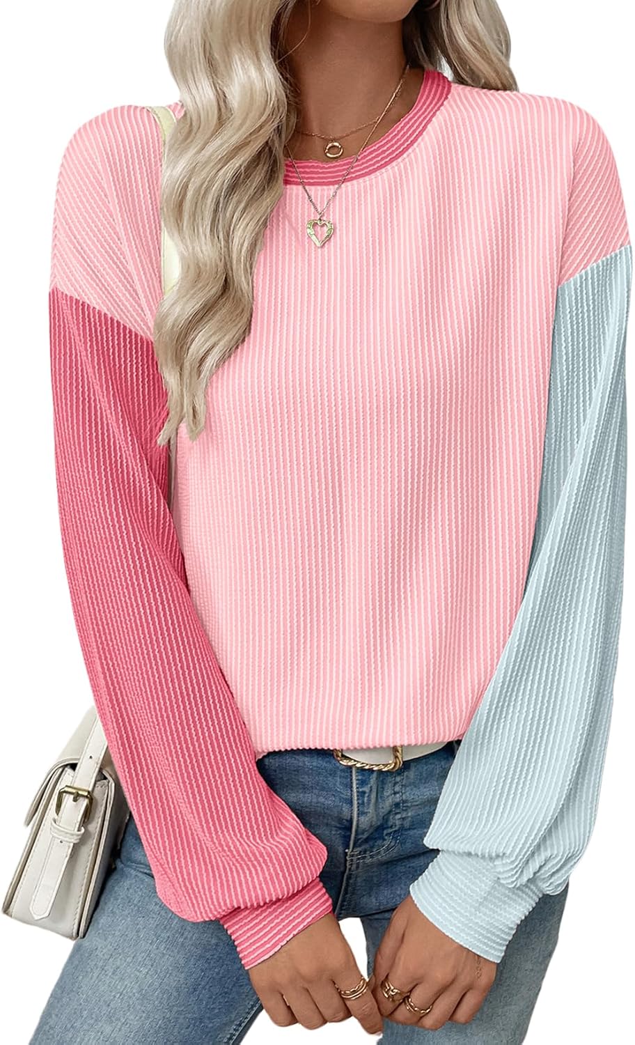 EVALESS Womens Long Sleeve Tops Fall Fashion 2026 Crewneck Color Block Ribbed Knit Casual Loose Fit Pullover Shirts