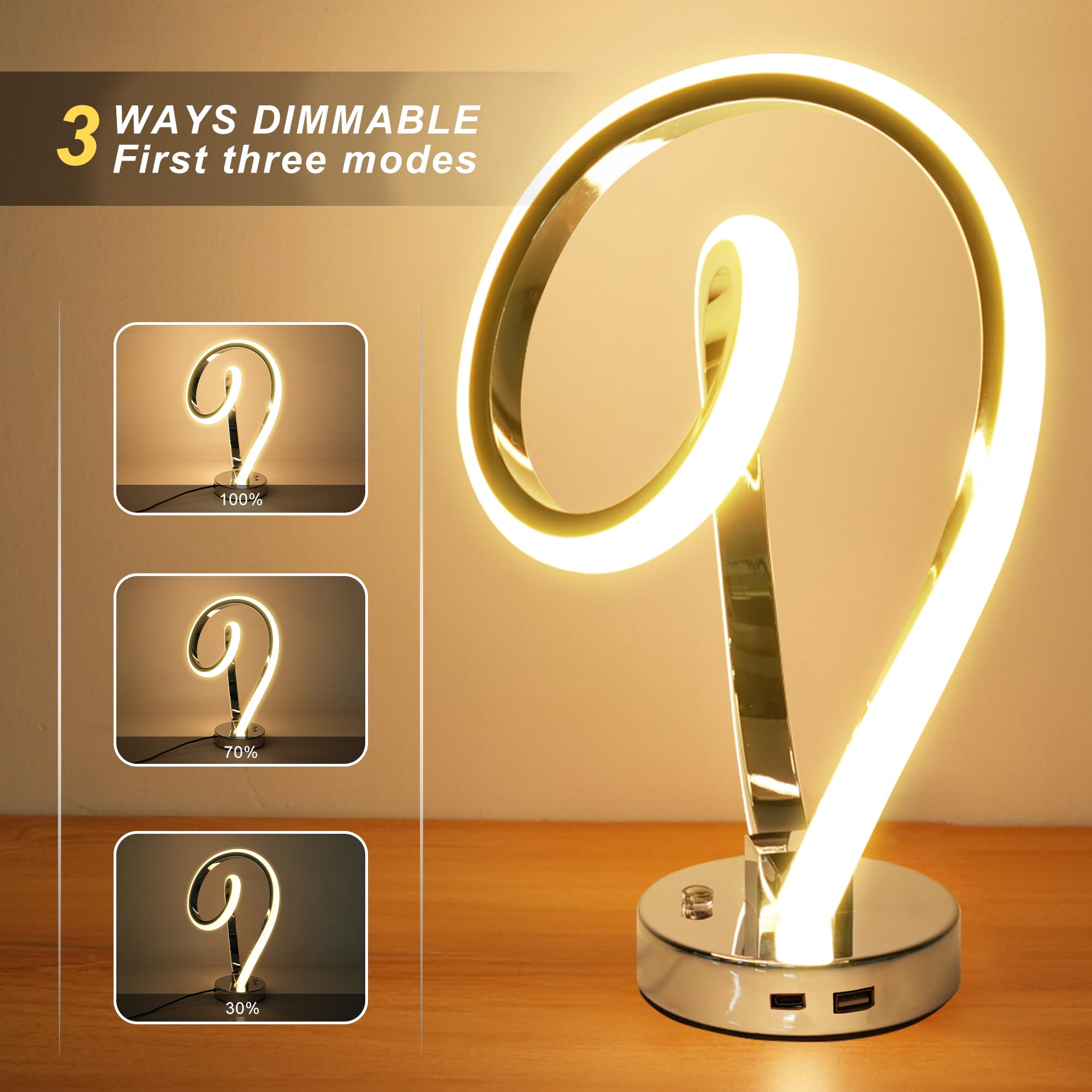 Allesin Modern Spiral Table Lamps with USB & Type-C Port, Touch Dimmable LED Bedside Lamp, Nightstand lamp with 10 Light Modes, Unique Lamps for Living Room Office Bedroom, Cool Lamps for Ideal Gift