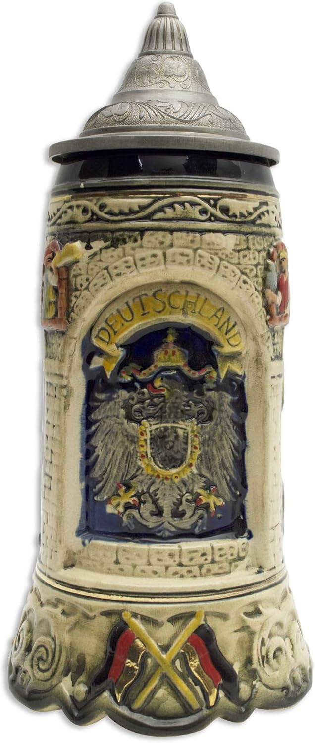 Essence of Europe Gifts 1 Liter German Beer Stein With Lid - Austria Hand Painted Beer Steins Mug for Men & Women - Scene of Tirol Alps Jarra Cervecera Alemana Stein Beer Mug