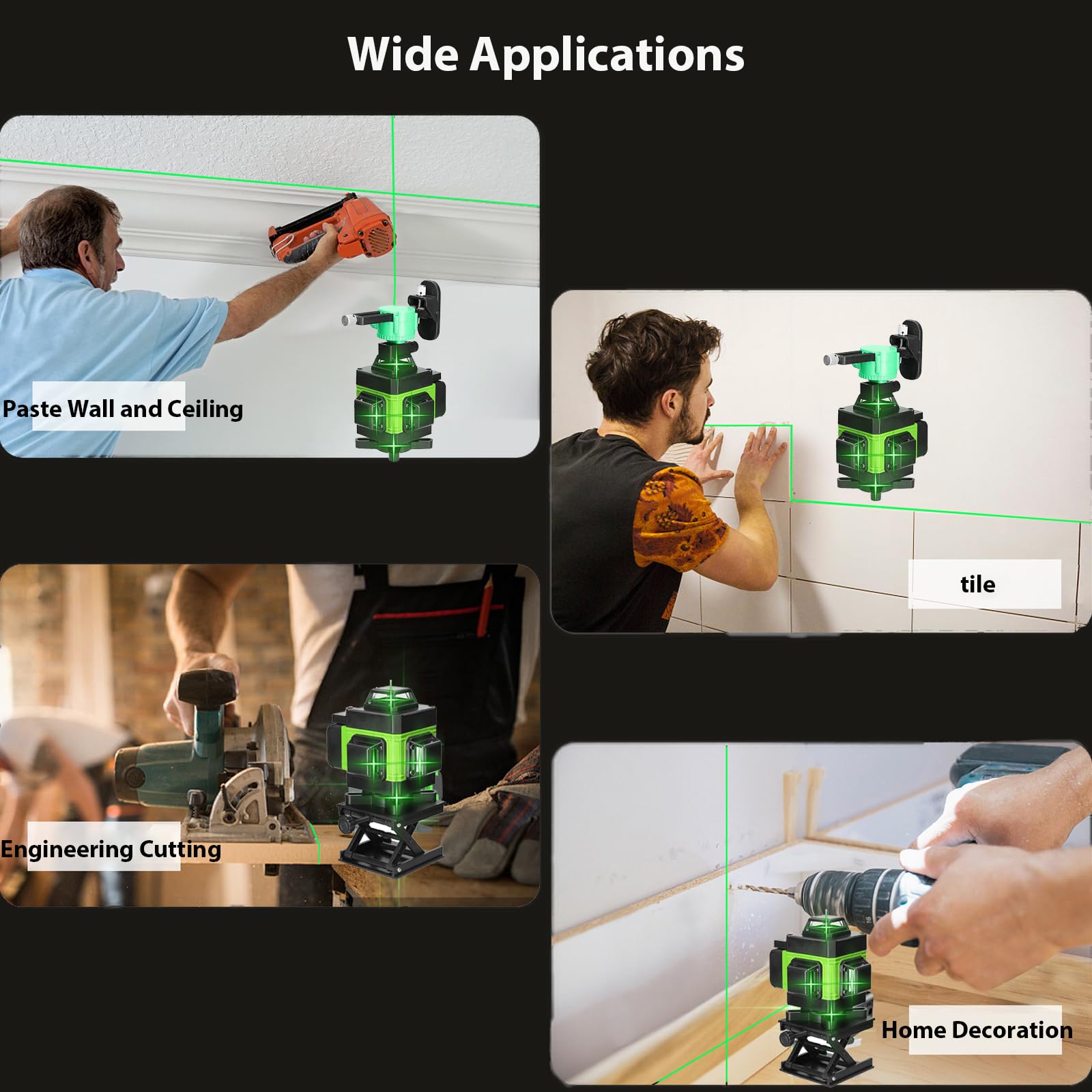 Niveau Laser 4 x 360°, 4D 16 Lignes, Rotatif Horizontal Vertical, Nivellement Automatique, avec Trépied, 2 Batteries Rechargeables