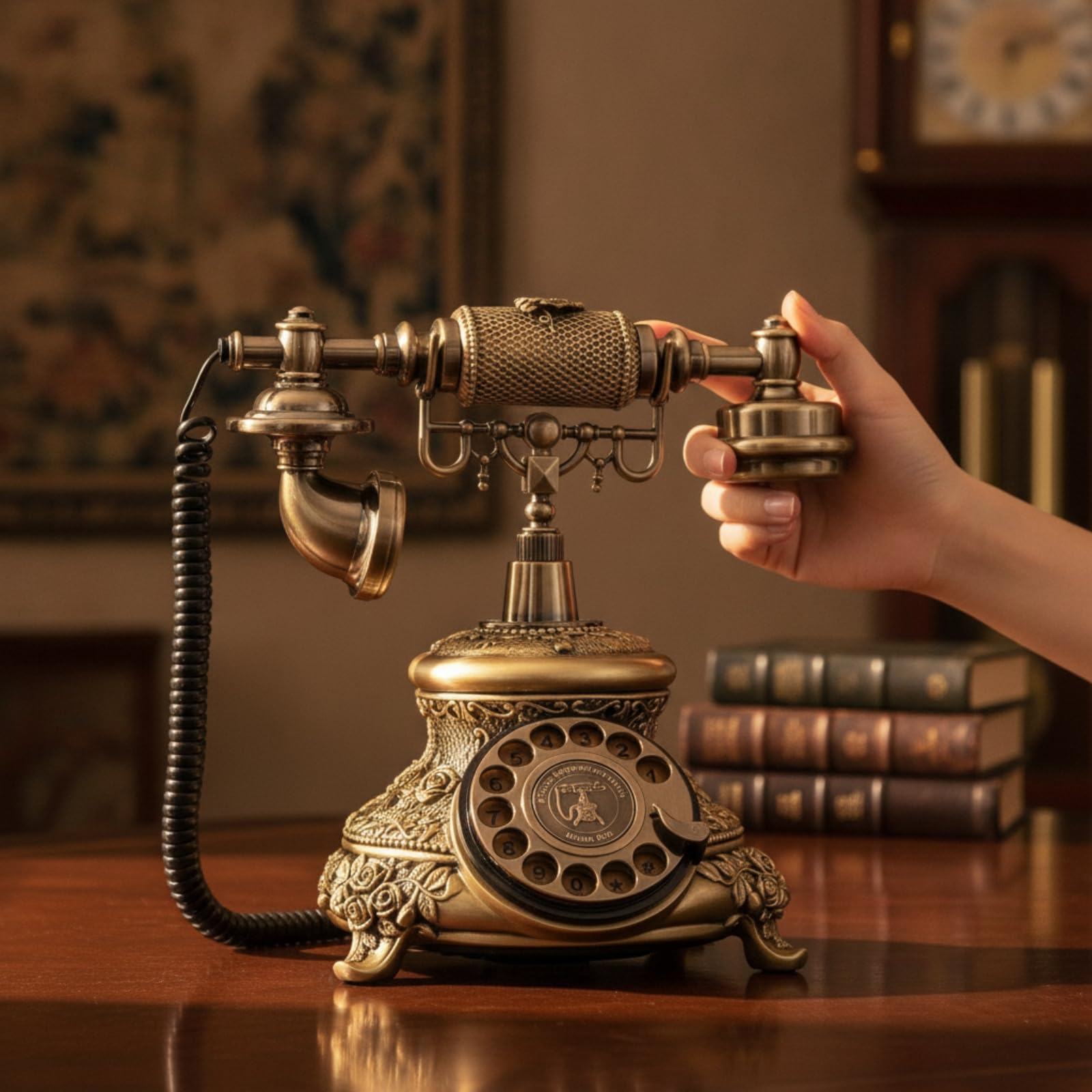 Telefono Antico in Resina Bronzato Telefono a Disco Funzionante Decorazione da Scrivania per Collezionisti, Soggiorno, Ufficio, Scenografia