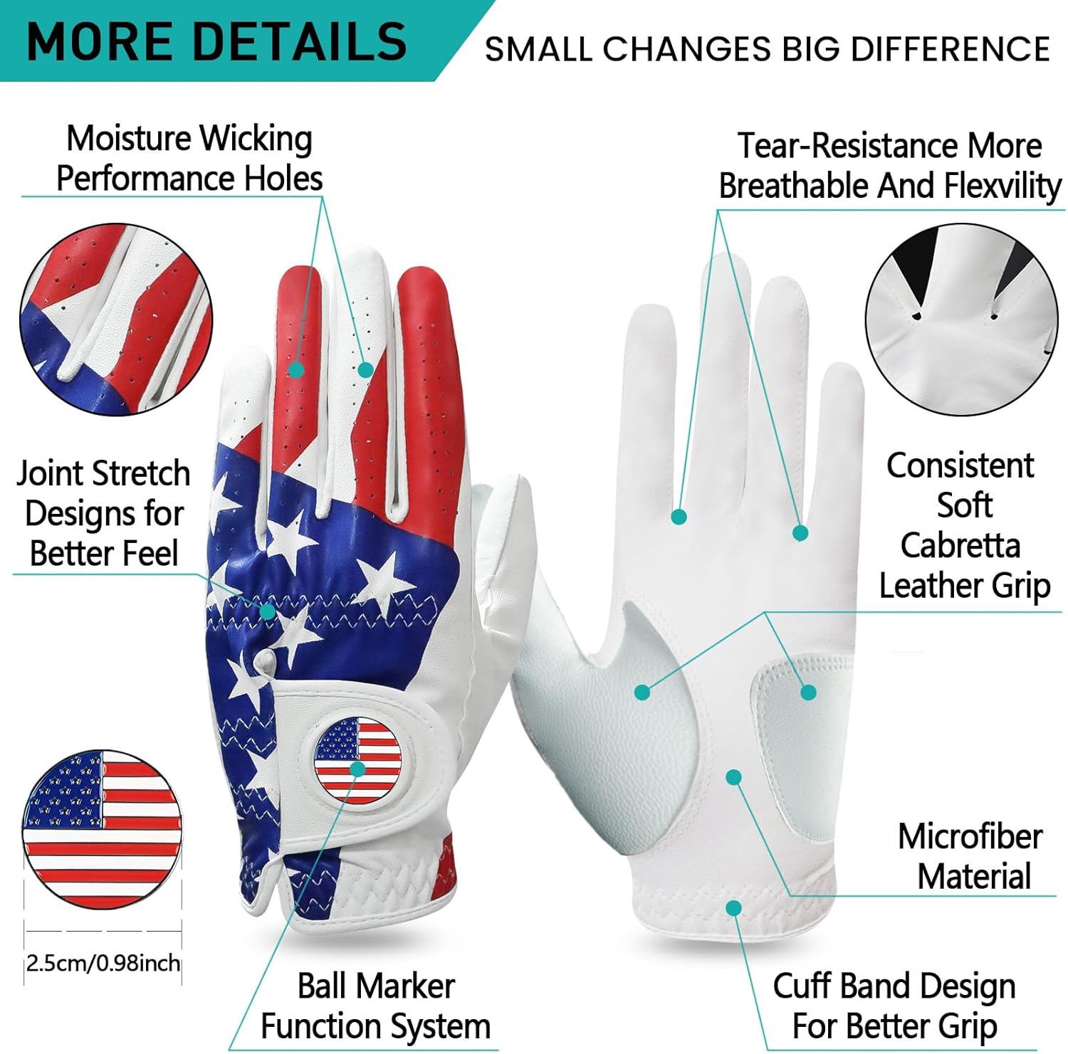 FINGER TEN Golf Gloves Men Colorful 2 Pack for Left Right Handed Golfer, Comfortable Gloves with Ball Marker for Serious Performance, Fit Size Small Medium ML Large XL - Image 2