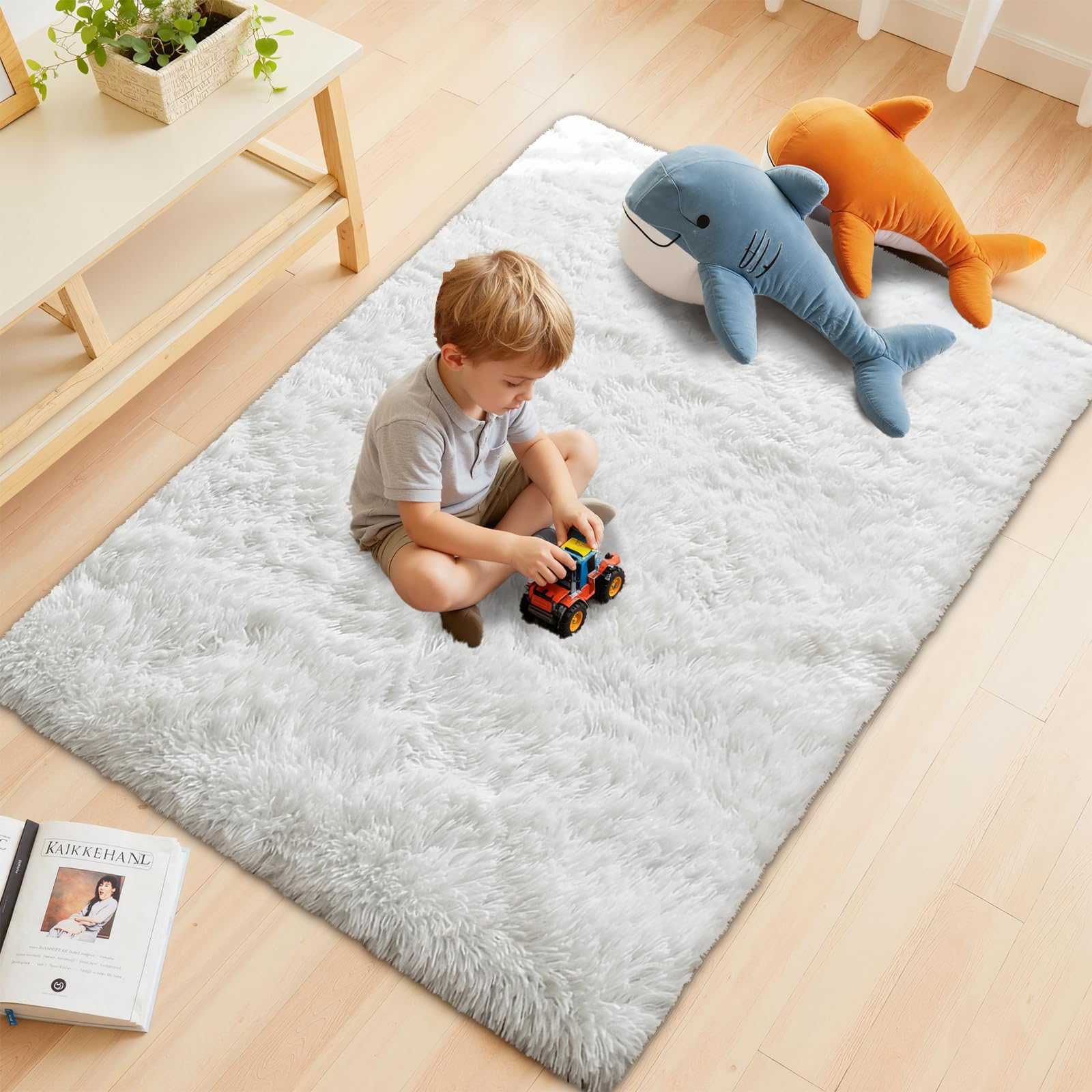Enyhom Hochflor Flauschig Teppich Wohnzimmer Waschbar 160x230 cm, Weiß | Anti Rutsch Unterseite, Groß Weich Moderner Teppiche für Schlafzimmer, Kinderzimmer