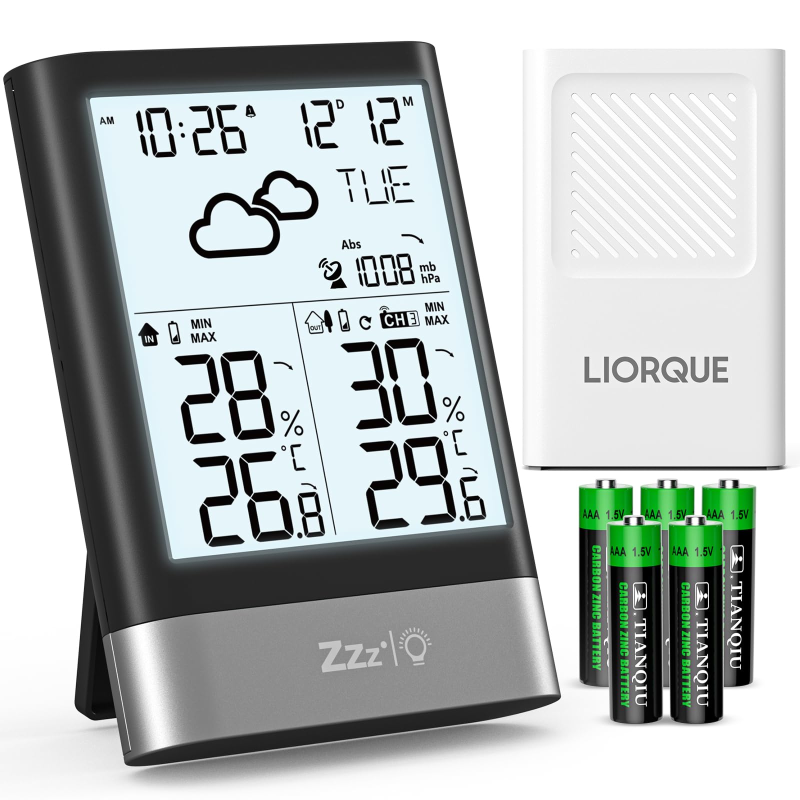 LIORQUE Station Météo Sans Fil Avec RCC, Thermomètre Hygromètre Baromètre Intérieure Extérieure Température Prévisions Météorologiques, LCD Ecran Rétro éclairage Horloge Numérique Alarme Snooze