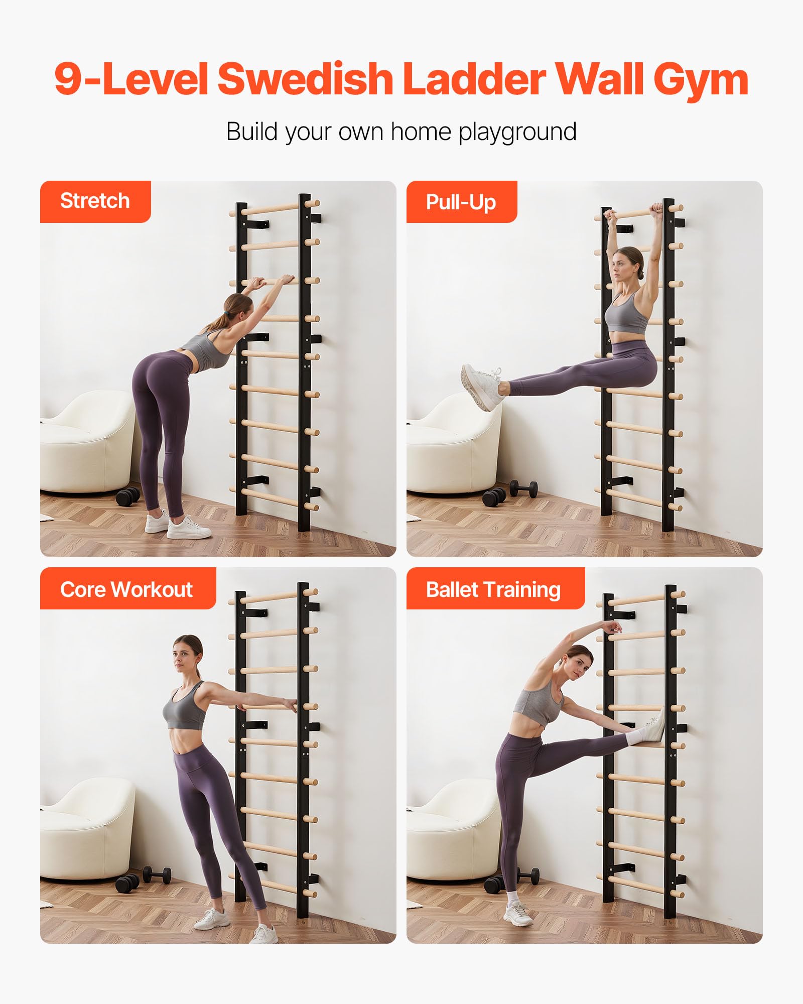 VEVOR Escalera Sueca de Gimnasio con Barras de Madera Maciza 9 Niveles Juego de Entrenamiento con Espaldera para Interior Capacidad de 150 kg Montaje de Pared para Hogar, Estudio de Baile, Gimnasio