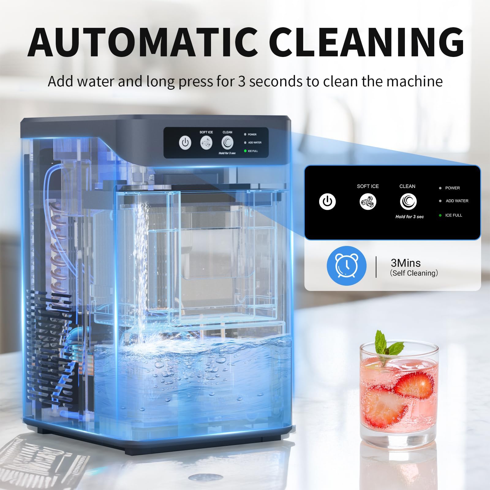 Chewable Crunchable Countertop Nugget Ice Maker, Large Capacity Ice Makers Countertop, 37.5lbs In 24 Hours, Self-Cleaning, One-Click Ope-Ration, Stainless Steel, Silver Gray Withoutsidewatertank on Fridge.com - View 6